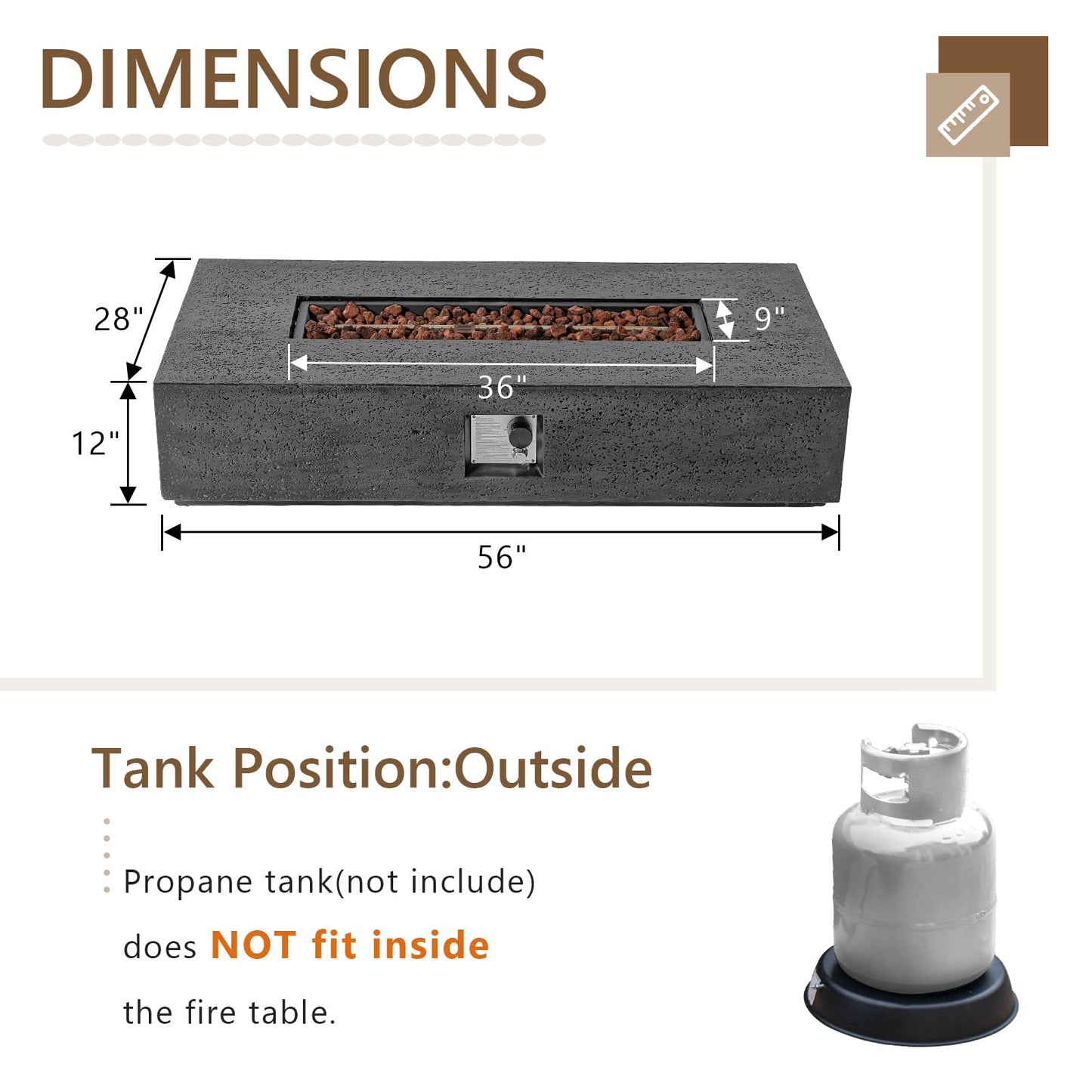 COSIEST 56-inch x 28-inch Outdoor Propane Fire Pit Coffee Table w Concrete Rectangle Base, 50,000 BTU, Free Lava Rocks and RainCover, Fits 20lb Tank Outside, Gray