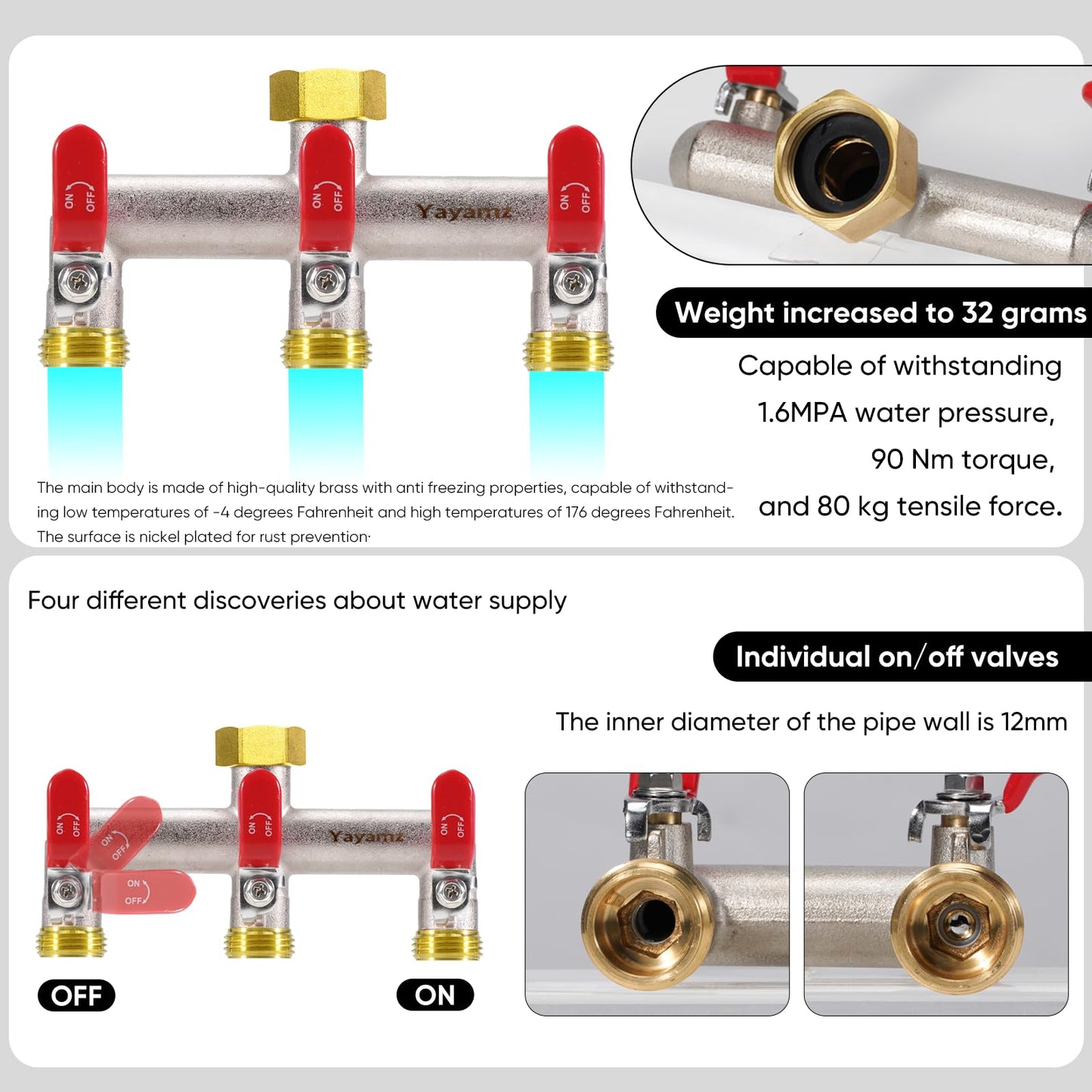 Yayamz 3 Way Garden Hose Splitter, Heavy Duty Brass Nickel Plated Rust Resistant Faucet Manifold, 3/4" Frost Resistant Outdoor Hose Adapter Connector，Hose Spigot Adapter with 3 large red handles