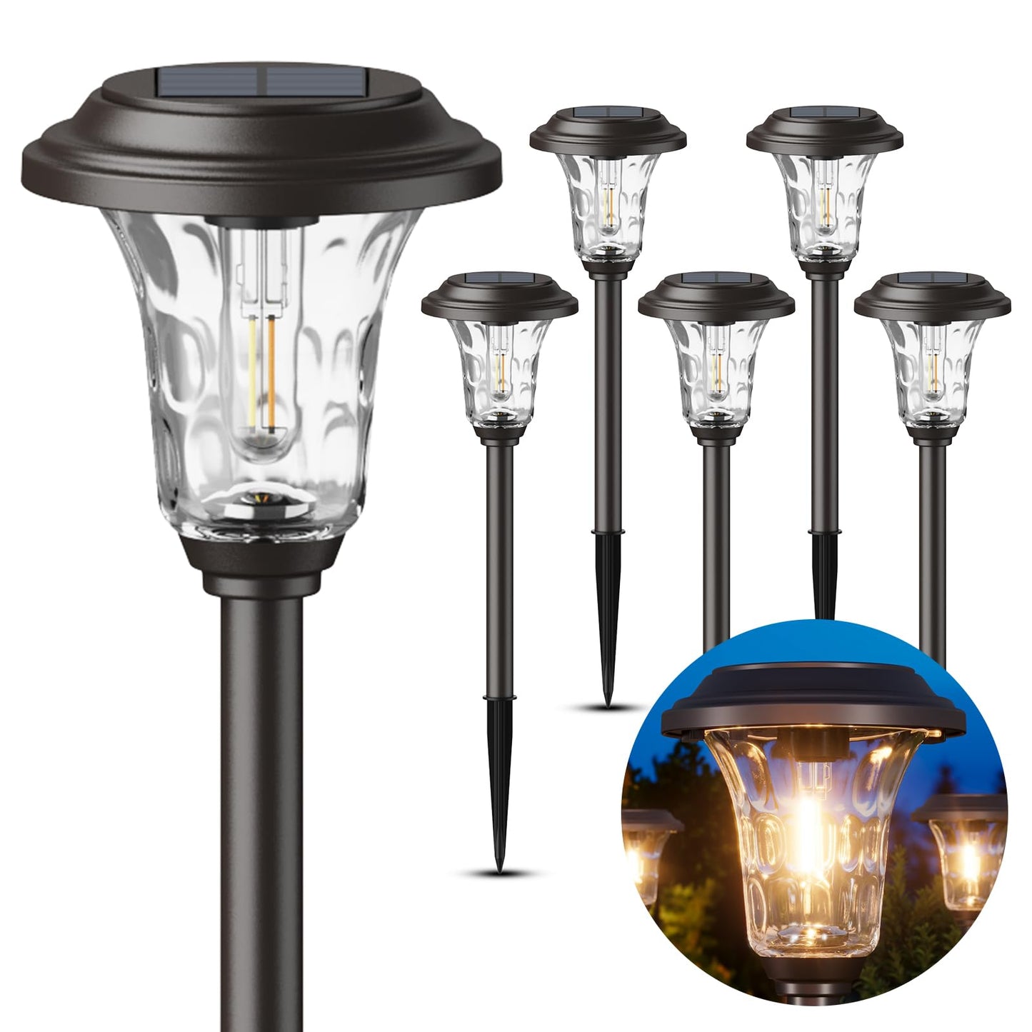 XMCOSY+ Solar Lights Outdoor Waterproof, 6 Pack Metal Glass Solar Pathway Lights, 20/40LM Bright Landscape Lighting for Garden Yard Backyard Path Driveway Walkway Outside Decor (Warm/Cool White)