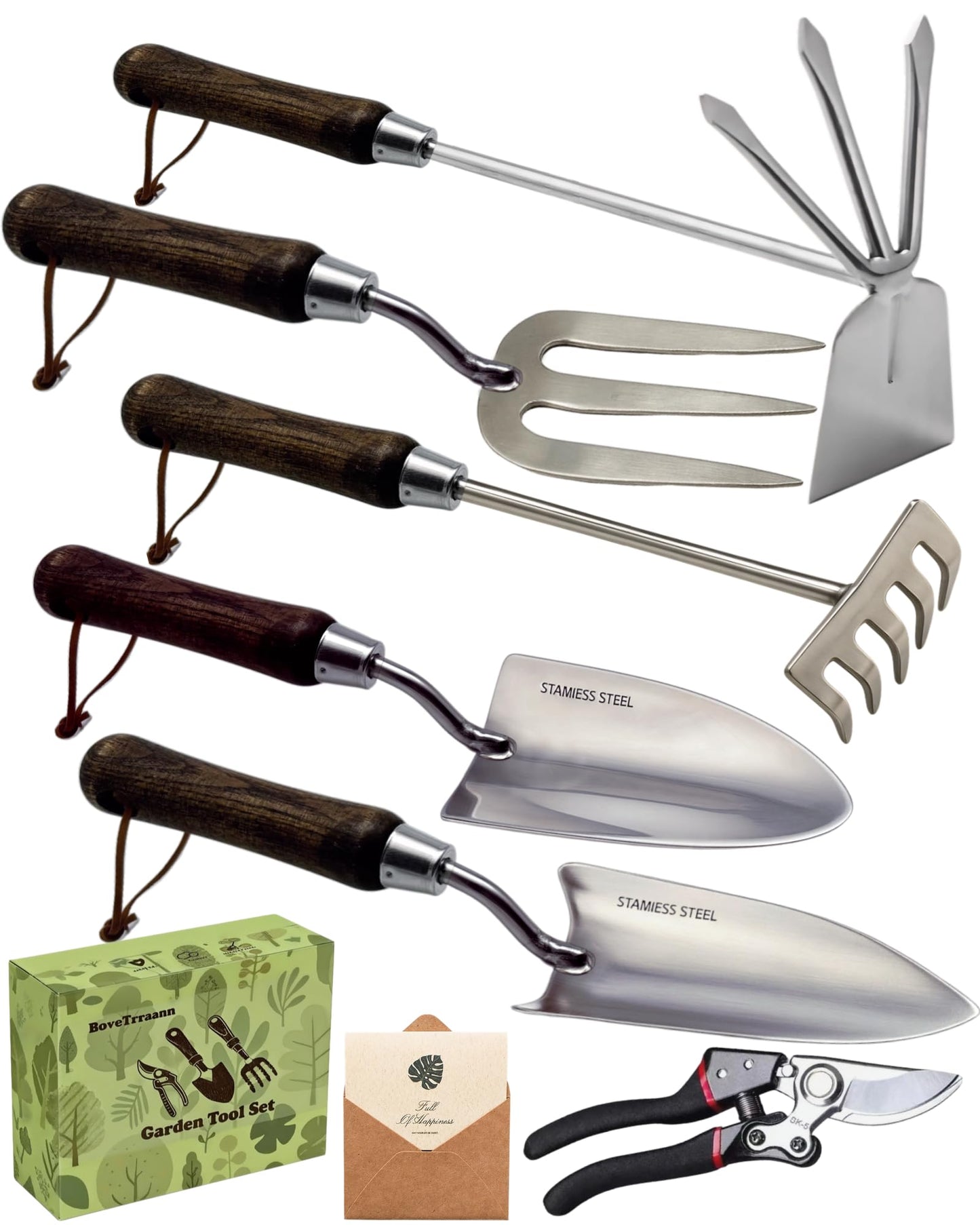 Garden Tool Set, 6PCS Heavy Duty Stainless Steel Gardening Hand Tools with Ropes, Includes Hand Cultivator Shovel Trowel Transplanter 2-in-1 Hoe Pruner Ideal Gardening Gifts for Women Men (Upgrade)