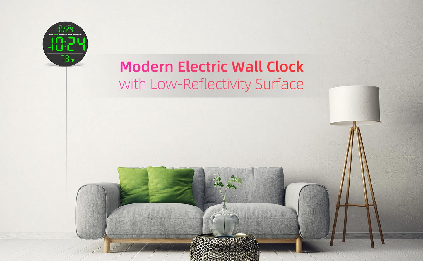 Digital Wall Clock with Large LED Display, Date, Temperature, Auto-Brightness | Small [PLUG-IN] Clock | Modern Electric Wall Clock for Bedroom, Classroom, Living Room, Home, Office, Farmhouse – Green