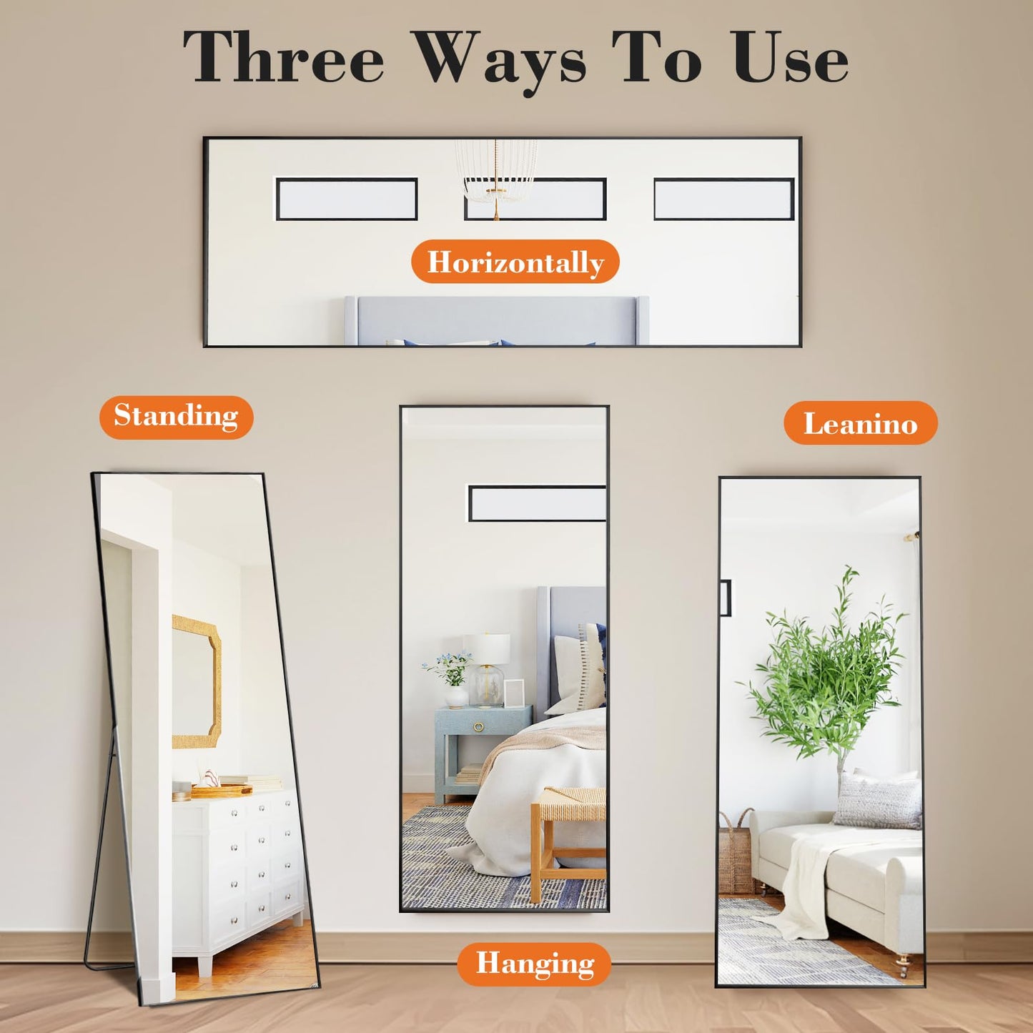 OLIXIS Black Full Length Mirror 60"x16" for Bedroom, Full Body Mirror with Stand, Hanging or Leaning for Wall, Aluminum Alloy Thin Frame Floor Standing for Living Room, Long
