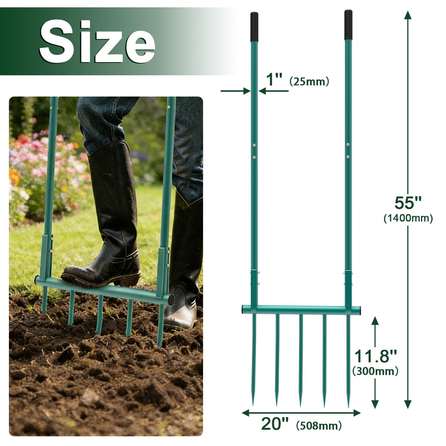 Broad Fork Garden Tool - 5 Tines Heavy Duty Broadfork for Digging, Cultivating & Loosening Soil, Ergonomic U-Shaped Design Hand Tiller for Gardening & Farming