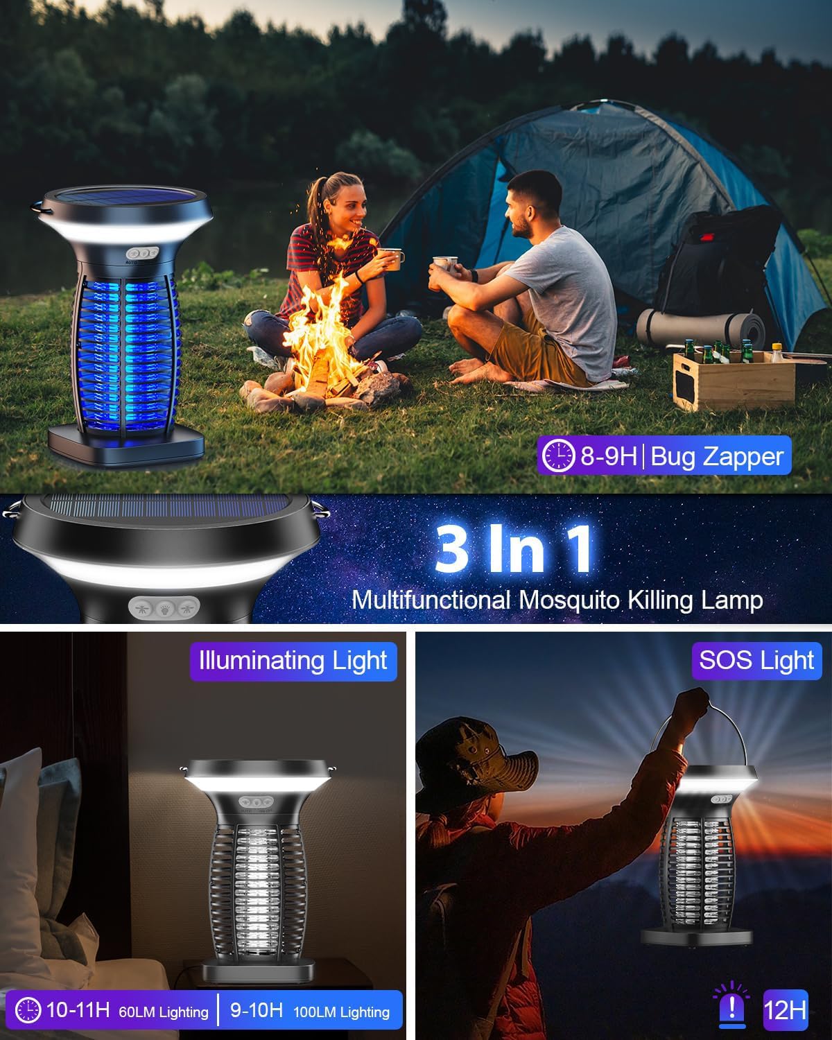 Solar Bug Zapper Outdoor Waterproof, Portable & Rechargeable Bug Zapper with Panel Sensor & LED Night Light Mosquitoes Zapper, Electric Fly Zapper for Home, Patio, Backyard, Camping