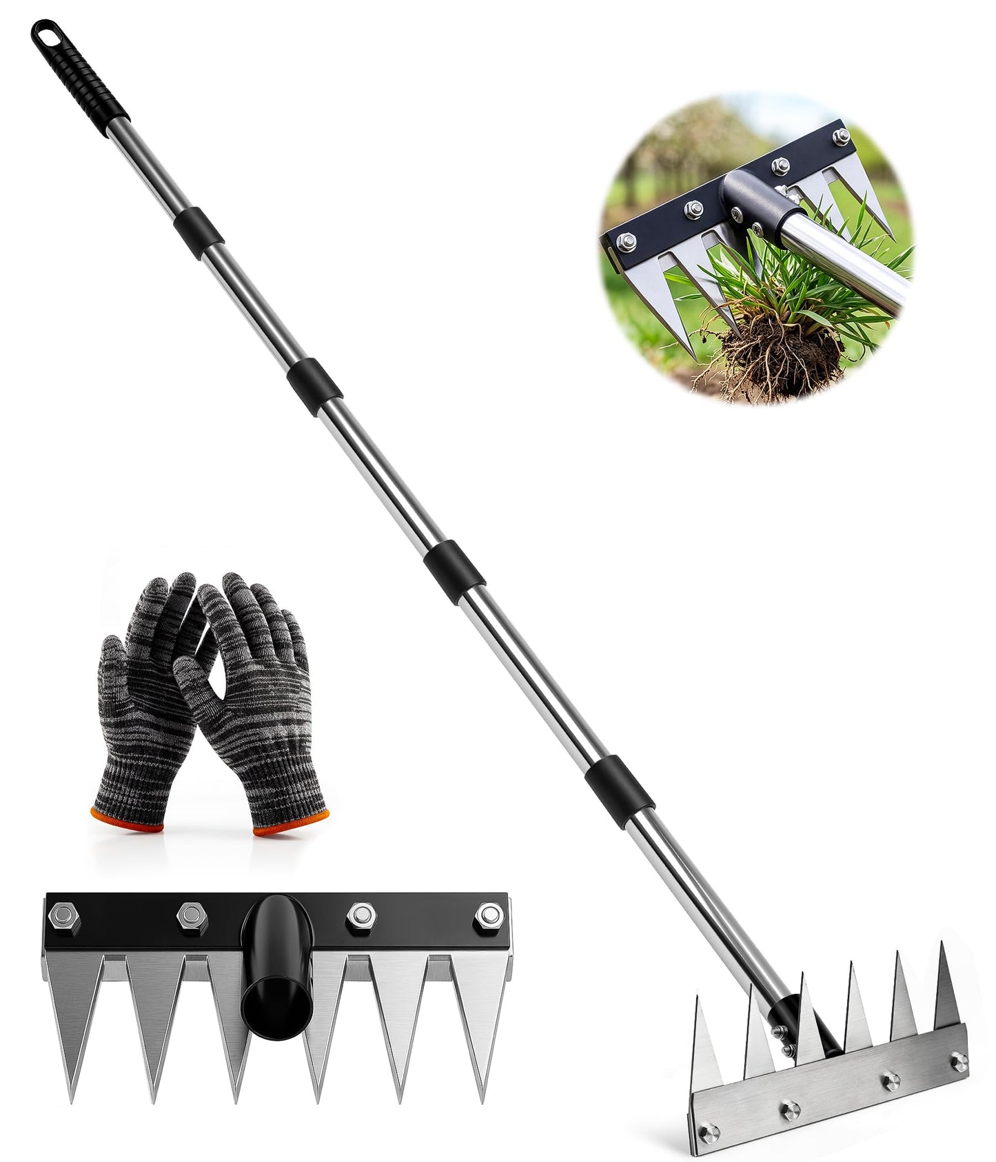 Joysuga Weed Rake Tool Iron Weed Puller with 71" Adjustable Long Handle, 6 Teeth Garden Weed Remover Tool Heavy Duty Manual Weed Puller with Gloves for Yard, Lawn, Garden