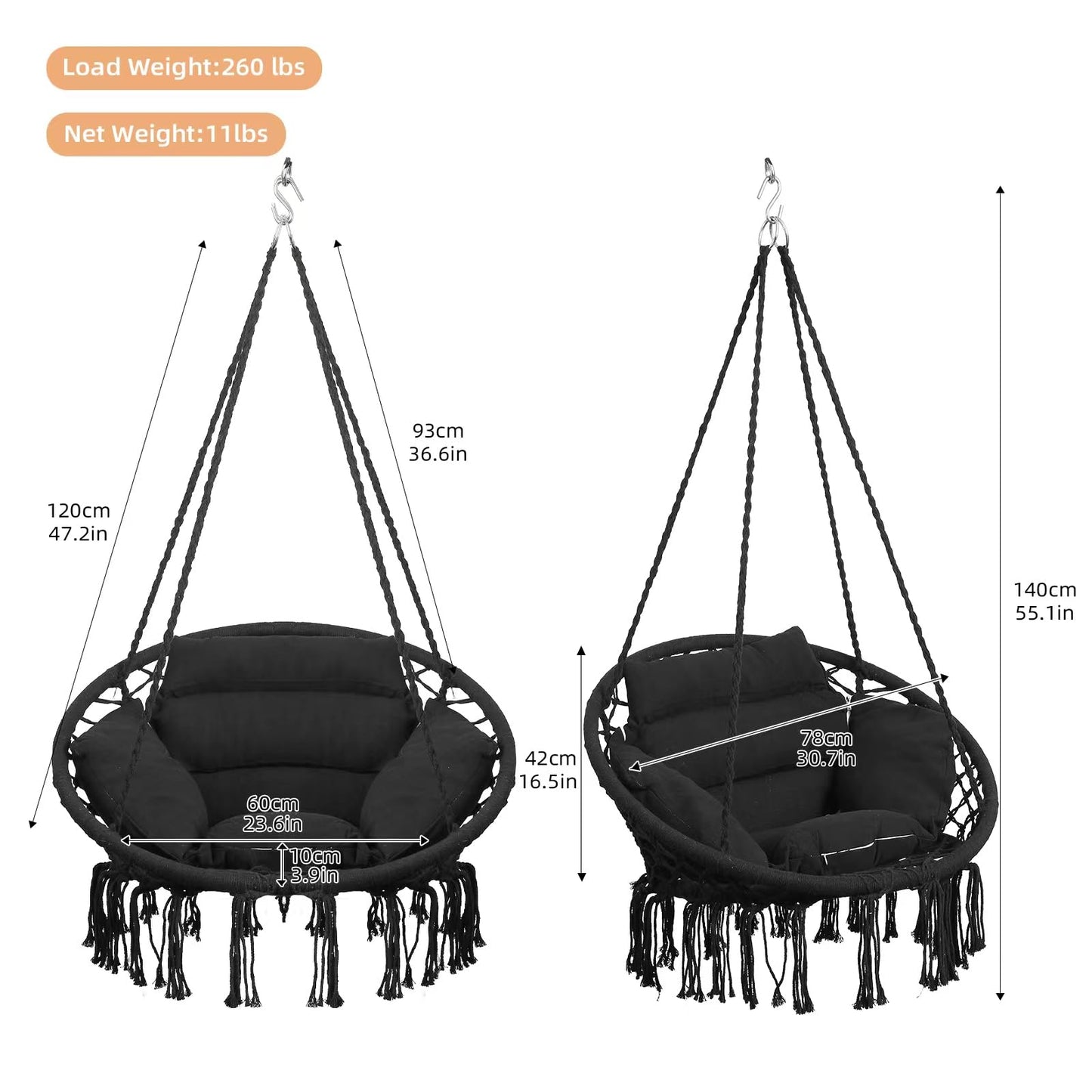 Goutime Hammock Chair with Hanging Hardware Kit and Back Cushions,Macrame Boho Swing Chairs for Indoor,Outdoor,Bedroom,Patio (Black)