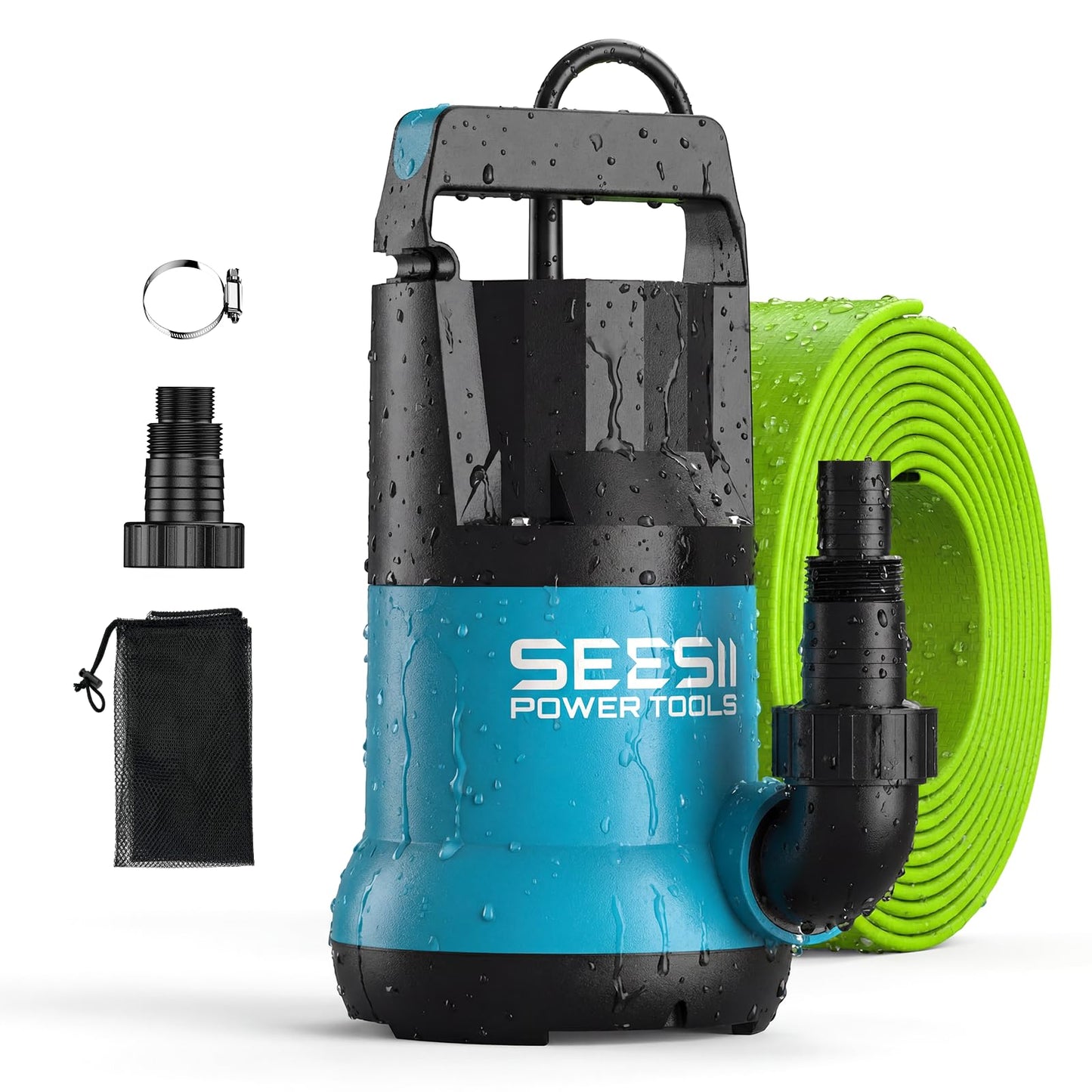 SEESII 1HP Submersible Water Pump, 4755GPH High Flow Sump Pump with 23ft Hose Kit, Anti-Clogging Filter Net for Swimming Pool Hot Tub Pond Basement Rooftop Garden Water Removal