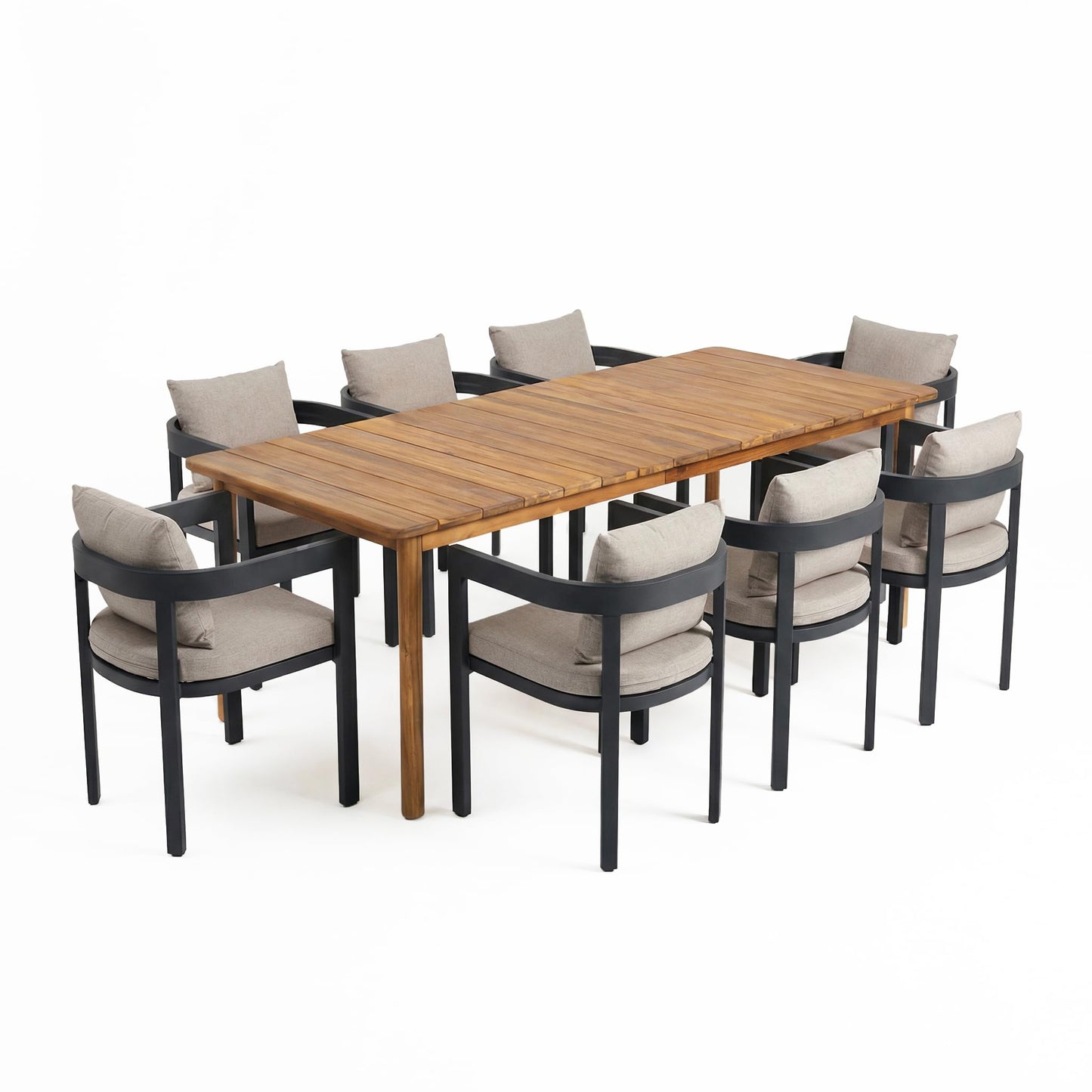 Christopher Knight Home Visol Acacia Wood Outdoor Dining Set for 8, 9 Piece Patio Dining Table and Chair Set, Aluminum Outdoor Dining Chair and Table Set with Removable Cushion, Teak+Gray+Dark Gray