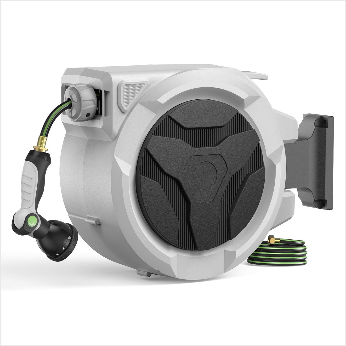 Retractable Garden Hose Reel 100ft x 1/2 in, Wall Mounted Garden Hose Reel with Auto Rewind, 180° Swivel Bracket, UV Resistant Water Hose Reel with 10 Spray Nozzle, Heavy Duty for Outside Use