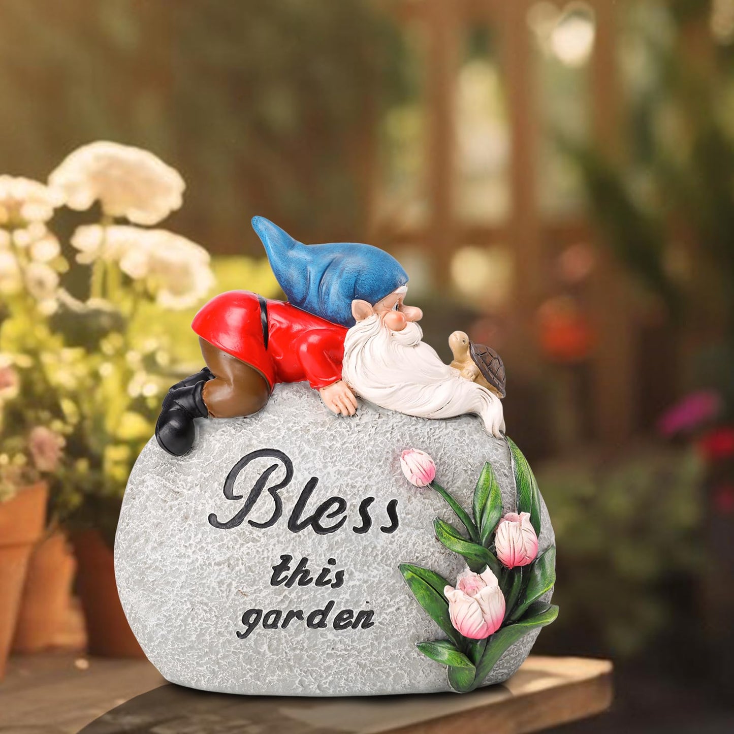 Ovewios Garden Stones Statues Outdoor Decor, Novelty Gnome Garden Sculptures Stones Statue with Flower and Turtle Figurine Decoration for Patio Yard Porch Art Home Decor