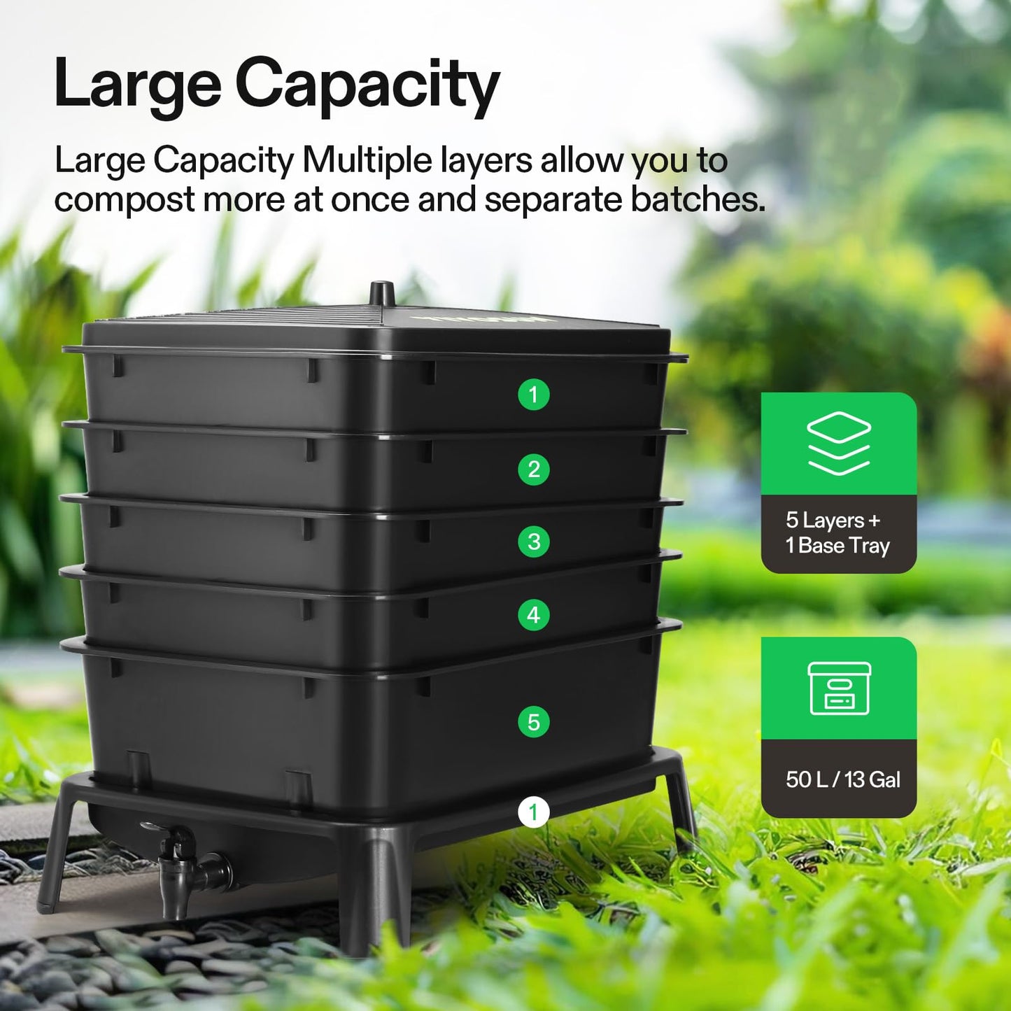 VIVOSUN 5-Layer Worm Compost Bin, 50L Worm Composter, Easy Setup Inclusive Worm Farm Kit for Recycling Food Waste