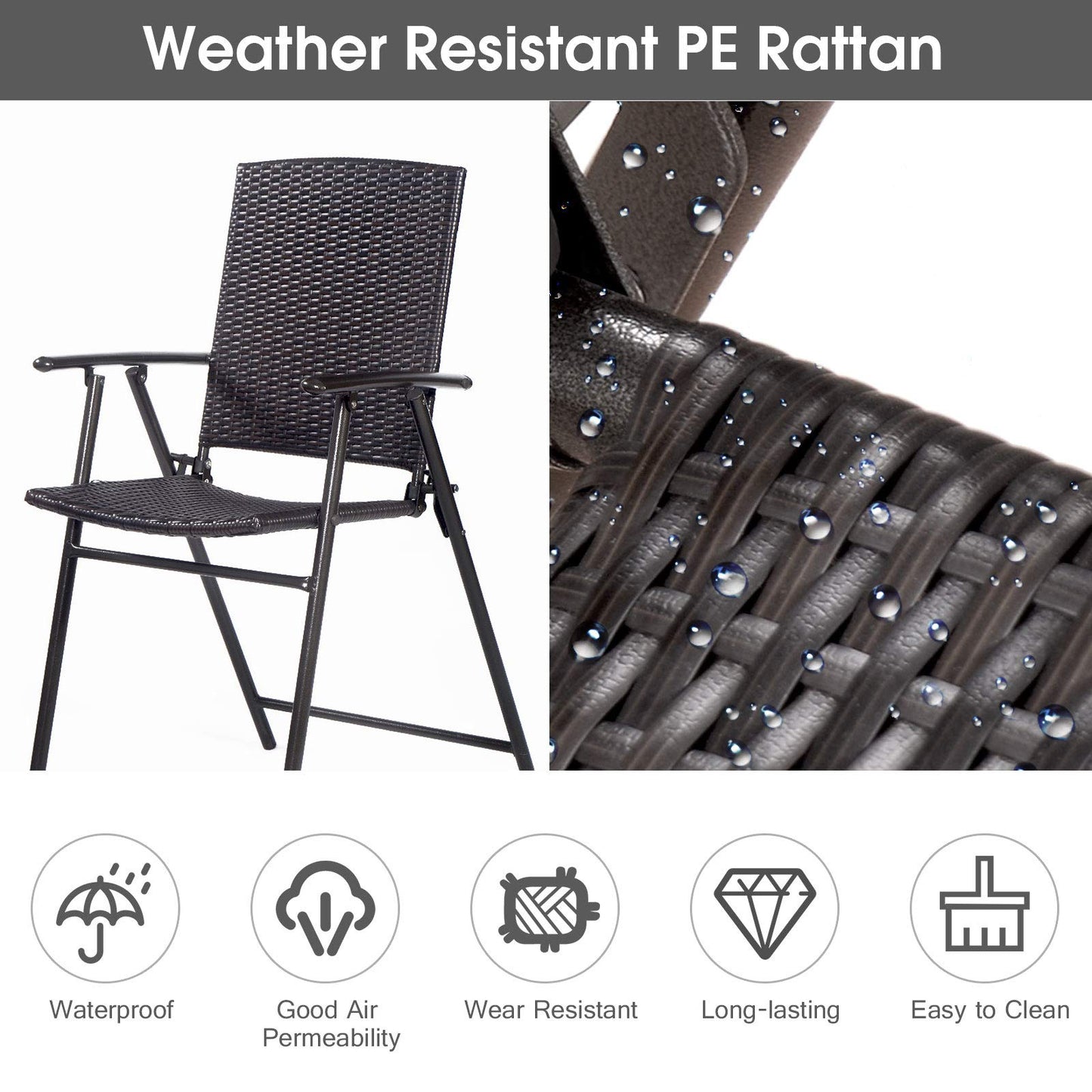 LUARANE Folding 4 Pieces Wicker Rattan Chairs, Tall Bar Stool Set with Back Steel Frame Footrest Armrest, Weather-resistant Comfortable Chairs for Outdoor Indoor Garden Patio Furniture Set, Brown
