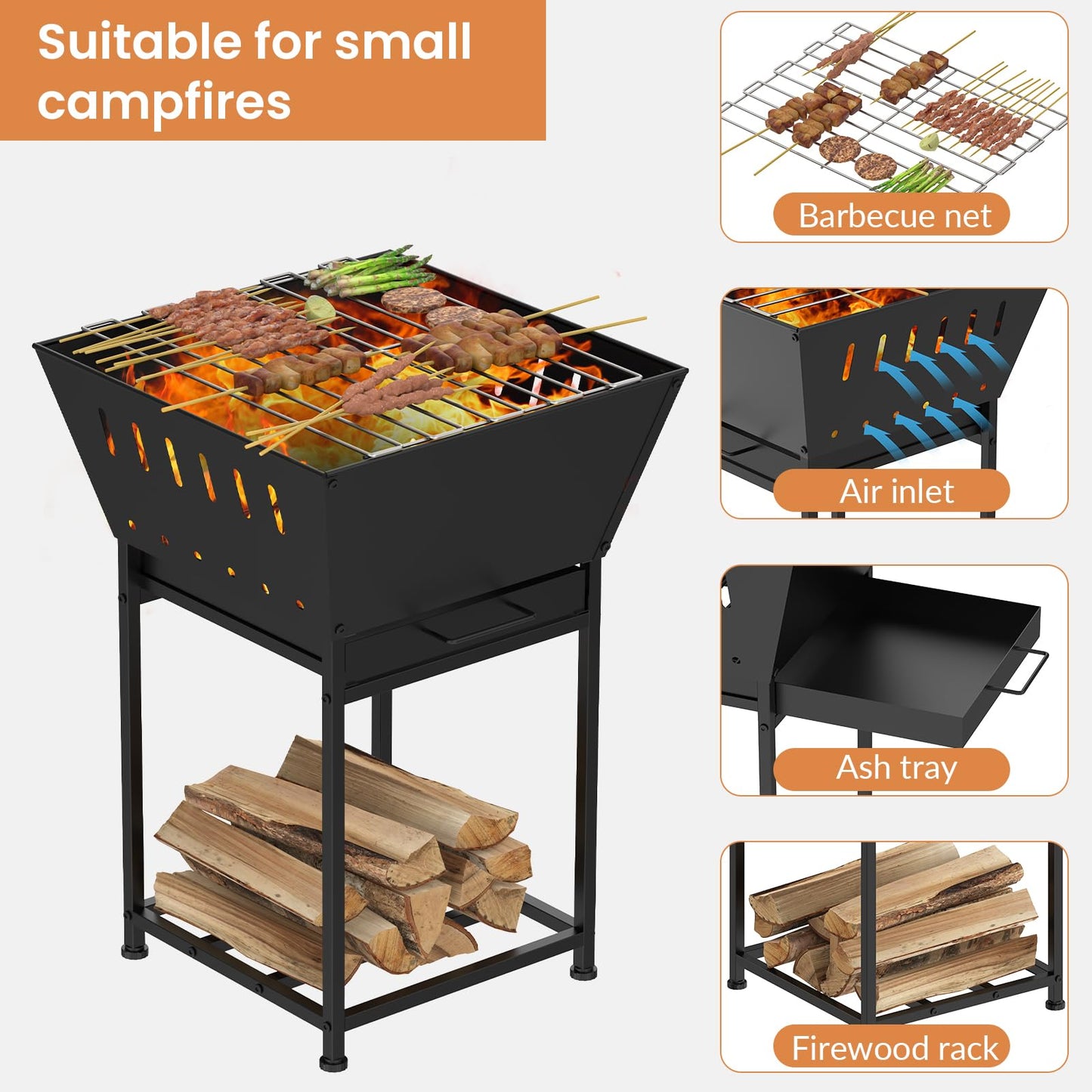YBING Wood Burning Fire Pit for Outside - 24 Inch Outdoor Fire Pit with Grill, 2-in-1 Square Firepit with Ash Tray and Wood Storage for Camping, Backyard, Patio, Black