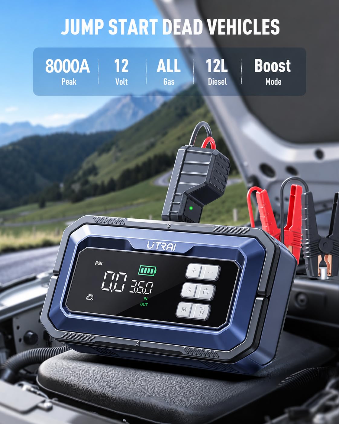 UTRAI Jump Starter with Air Compressor 150PSI, 8000A Peak 12V Jump Box for Car Battery (All Gas/12.0L Diesel), 160W DC Output Car Jumper Starter Portable, Jump Pack with OBD II Scanner, LED Light