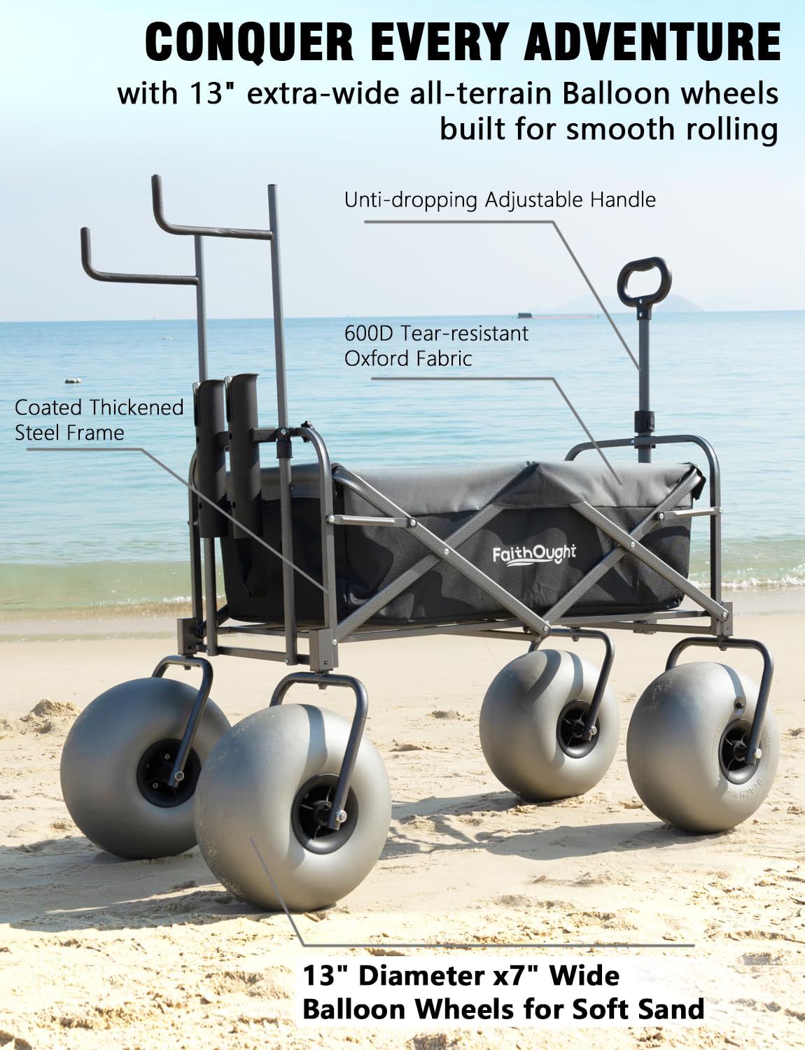 13" Balloon Bubble Wheel Beach Cart Collapsible Wagon with Big Fat All Terrain Inflatable Air Tire, Large Outdoor Wagon & Fishing Cart with Balloon Tire, Dolly with Big Wheels for Sand Camping (Black)
