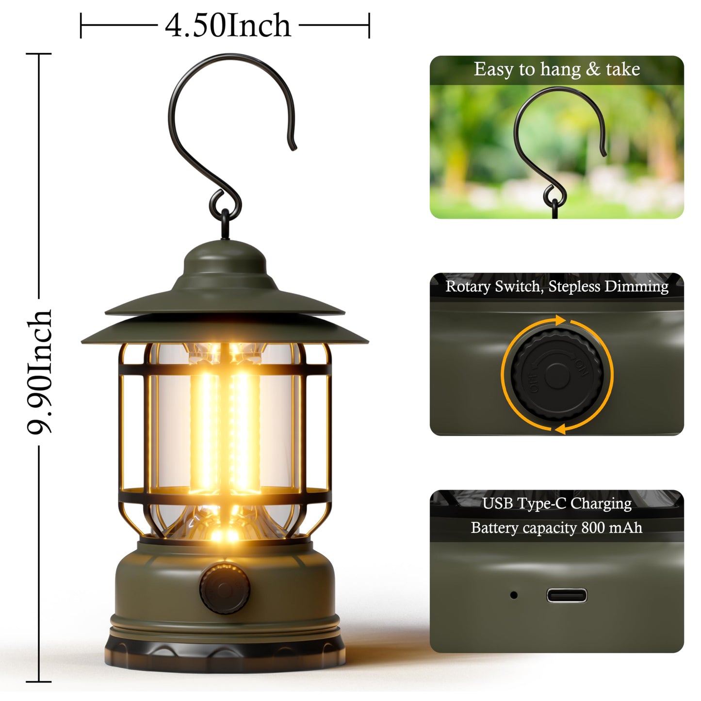 Portable LED Camping Lanterns,1500LM Step-less Dimming, Lightweight Retro Battery Powered USB Rechargeable Tent Lights,Survival Kits Flashlight for Power Outage Emergency Hiking Hurricane 3 Pack Green