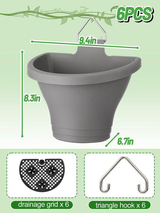 MADHOLLY 6Pcs Vertical Hanging Planters for Outdoor Plants - Wall Plant Holder for Indoor Decorations Garden Fence, Plastic Flower Pots with Drainage Grid and Hooks (Gray)