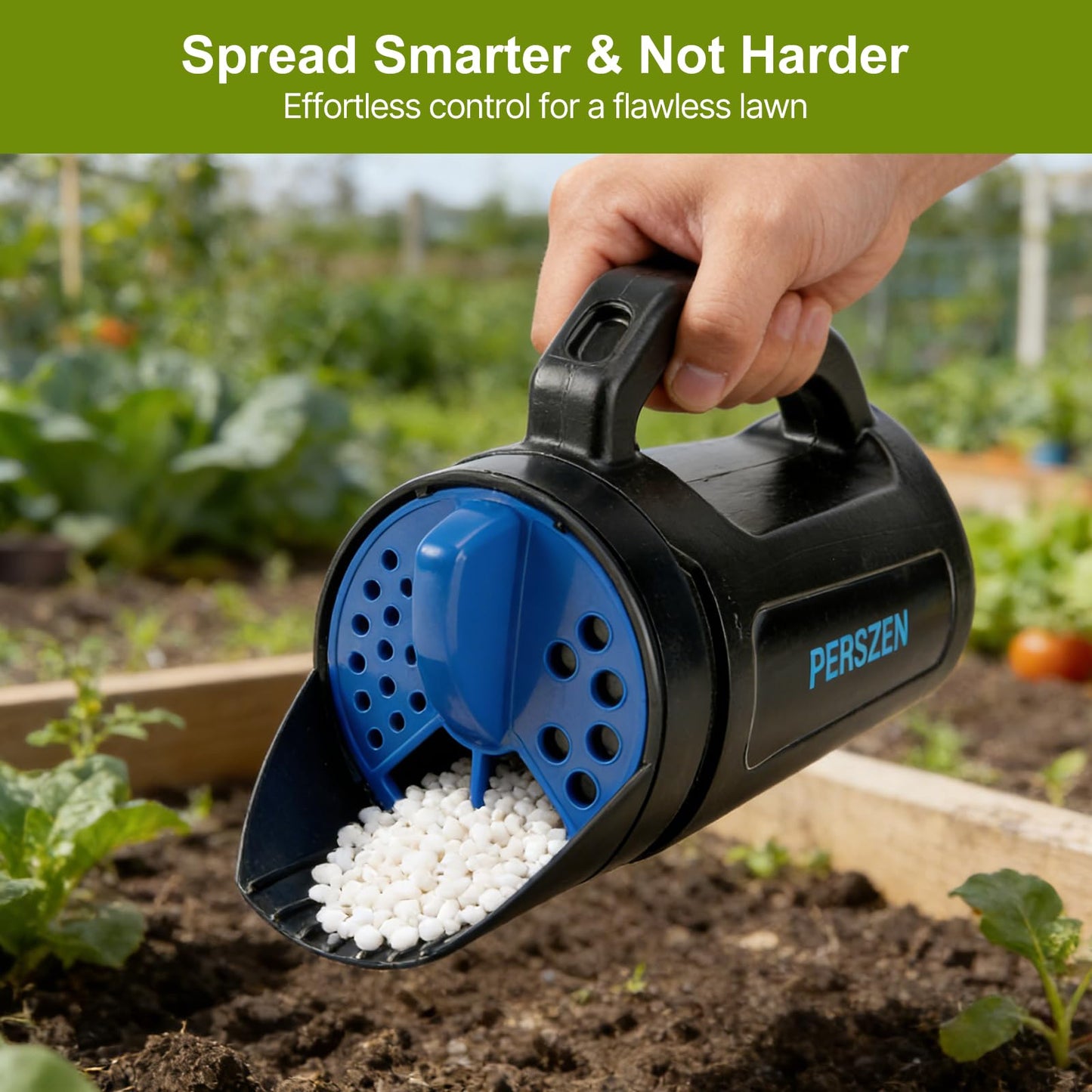 PERSZEN Handheld Spreader for Fertilizer, Grass Seed and Ice Melt, Multi-Use Seed Spreaders for Lawns with Adjustable Openings, 84 Oz Capacity Lawn Spreader for Yards and Garden Care