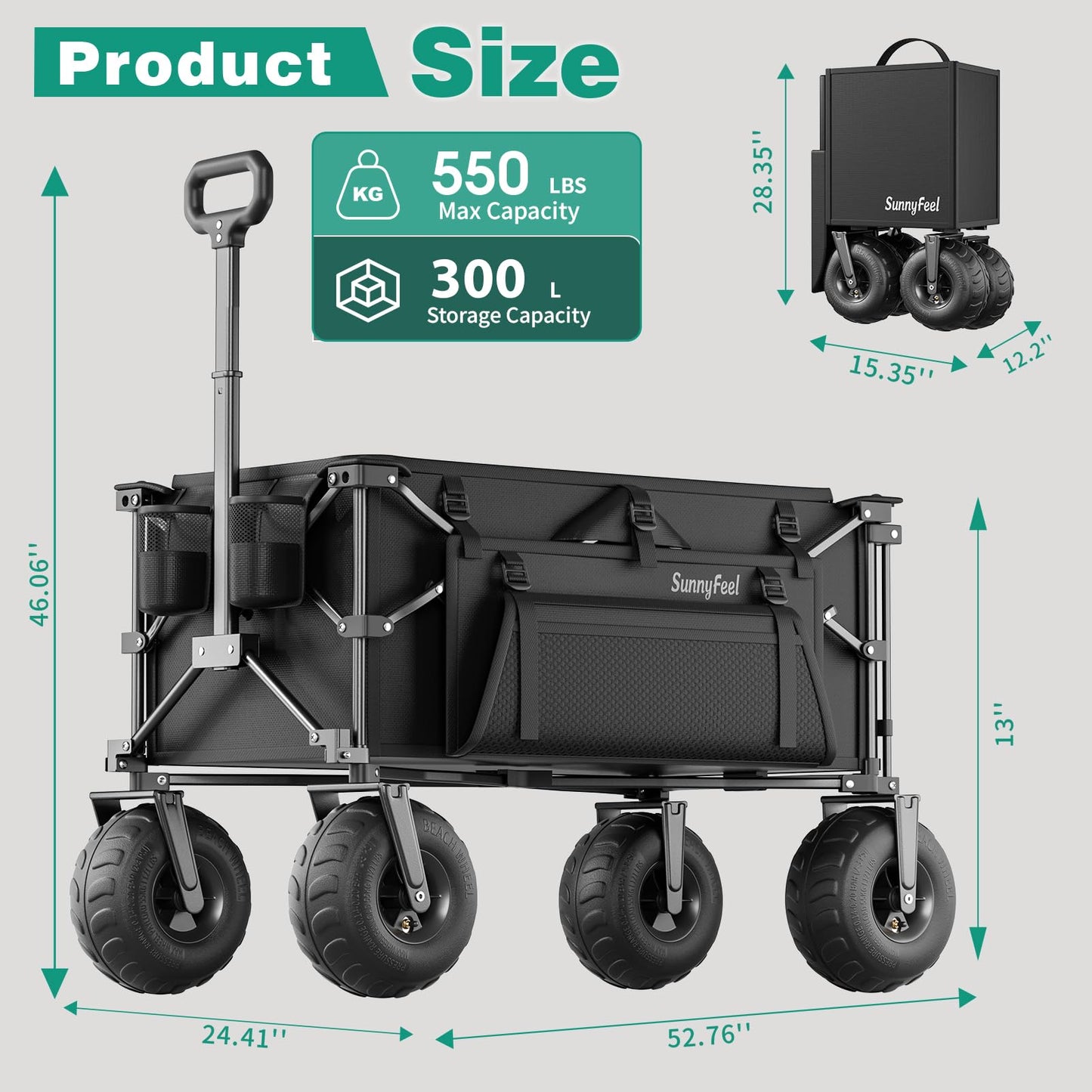 SUNNYFEEL Collapsible Beach Wagon with 9" Balloon Wheels, 300L Beach Cart with Big Wheels for Sand, 550LBS Heavy Duty Folding Wagon Cart with Adjustable Handle for Camping, Garden, Outdoor, Black