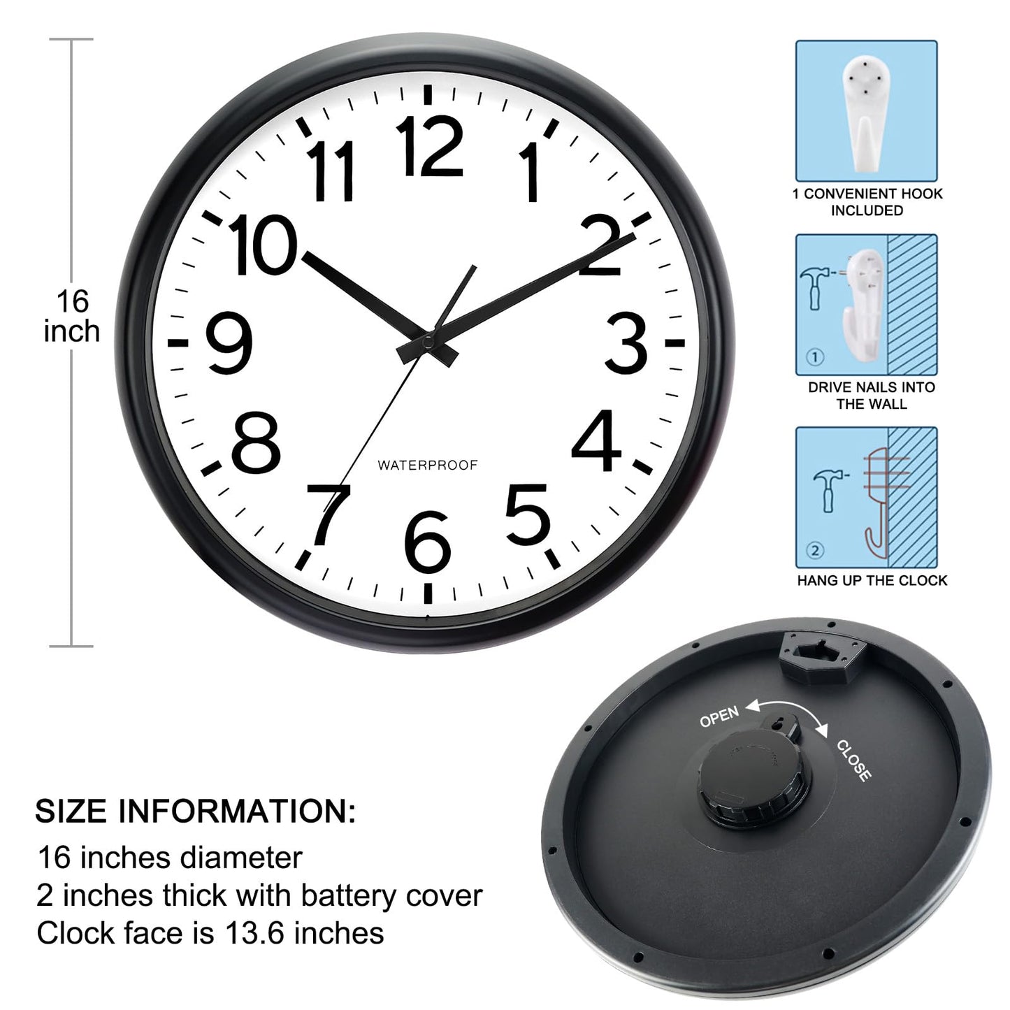 Caysie 16 Inch Sealed Large Outdoor Clock Waterproof, Silent Battery Operated Weatherproof Wall Clocks for Pool Patio Outside Home (Black)