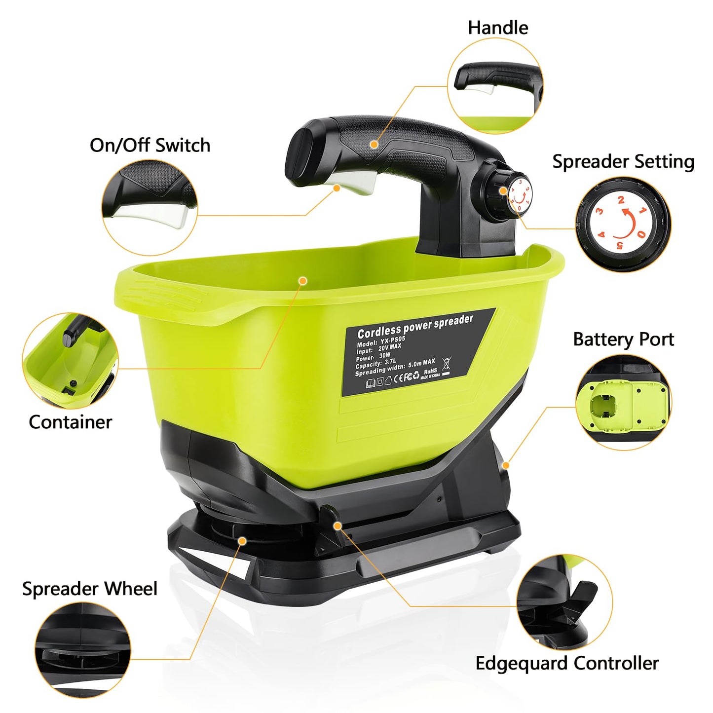 Philophca Salt Spreader for Ryobi 18V Battery, Seed Spreader Handheld Fertilizer Spreader Power Spreader Available Year-Round, Grass Seeds, Rock Salt, 3.7L Large Capacity Hopper(Tool Only)