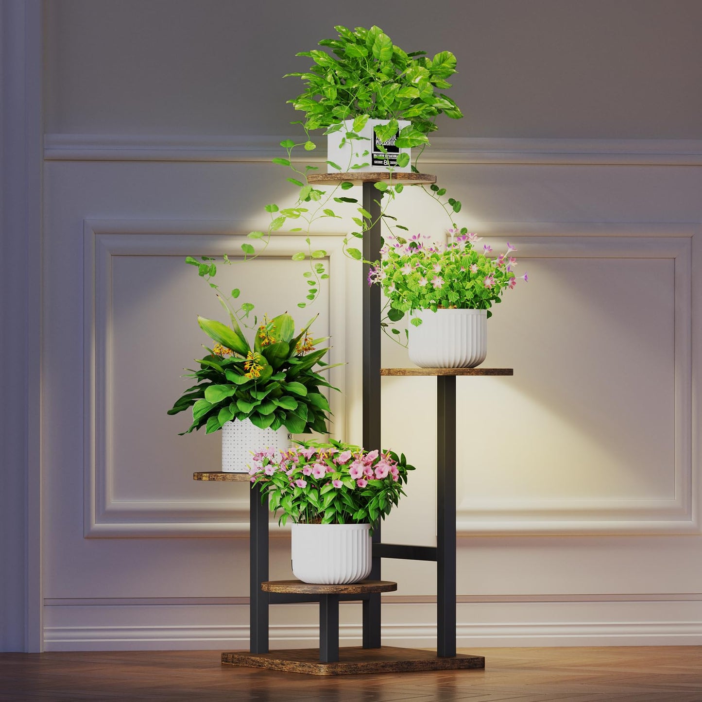 Homsorout Plant Stand Indoor with Grow Light,4-Tiered Tall Plant Stand Indoor, Metal Plant Shelf with Adjustable Light, Ideal for Living Room, Garden, Patio (Black Brown)