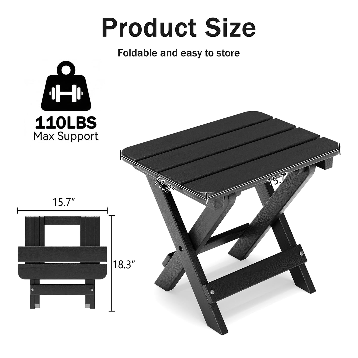 Polyhouz Folding Outdoor Side Table,Small HDPE Patio Table,All-Weather Compact Portable End Table for Patio,Porch,Pool,Black,11.8" D x 15.7" W x 15.7" H