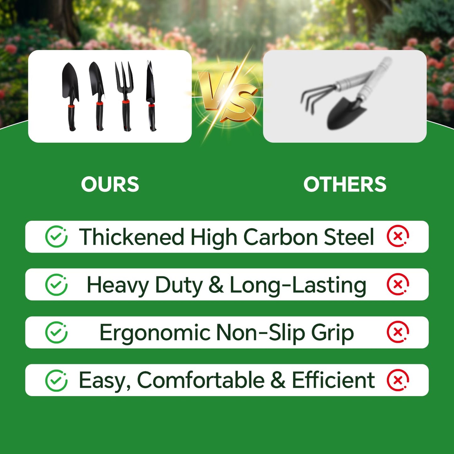 Vinid 4-Piece Heavy-Duty Garden Tool Set, Wide & Narrow Trowel, Root Remover, 3-Tine Cultivator, Hand Rake with Soft Rubber Non-Slip Handle, Idea Gift for Women, Mother