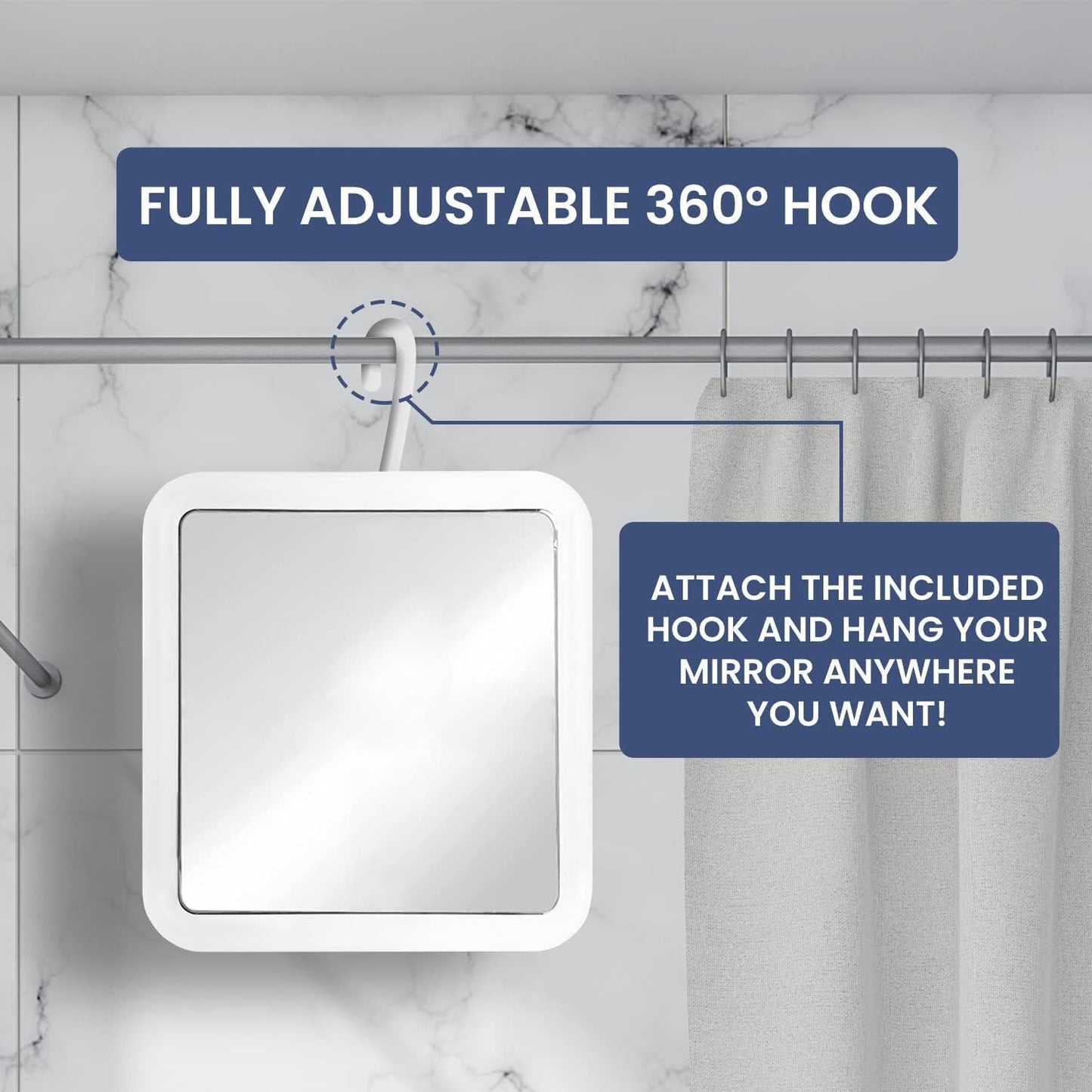 MIRRORVANA Hangable Fogless Shower Mirror for Shaving with 360° Swivel Hook for Hanging - Anti Fog and Shatterproof 6.3" x 6.3" Surface