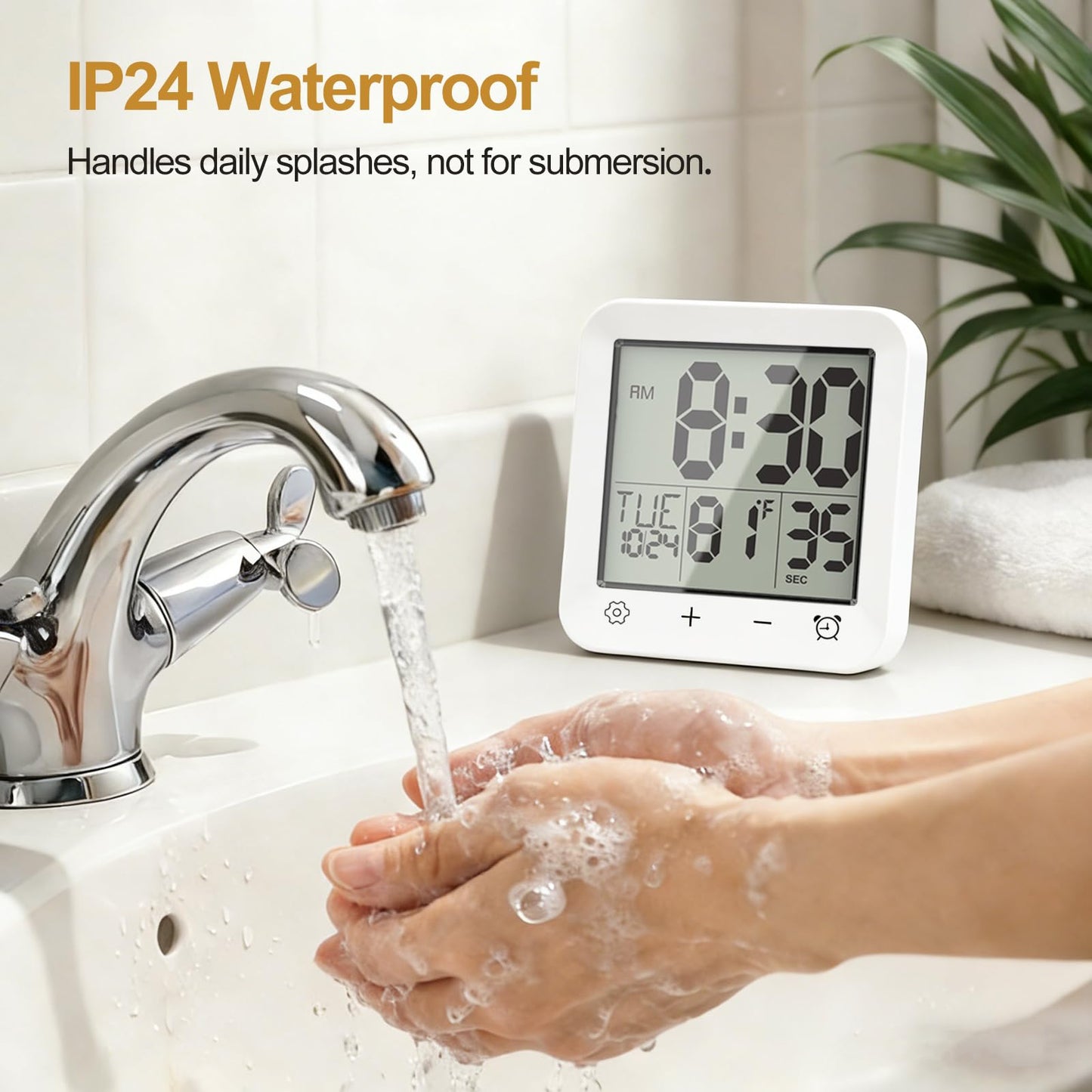 Tikonir Shower Clock Waterproof, Bathroom Digital Clock with Timer, LCD Display, Touch Screen, Suction Cup, Temp, Seconds, Hanging, Hole Stand, Digital Wall Clocks Battery Operated for Kids and Adults