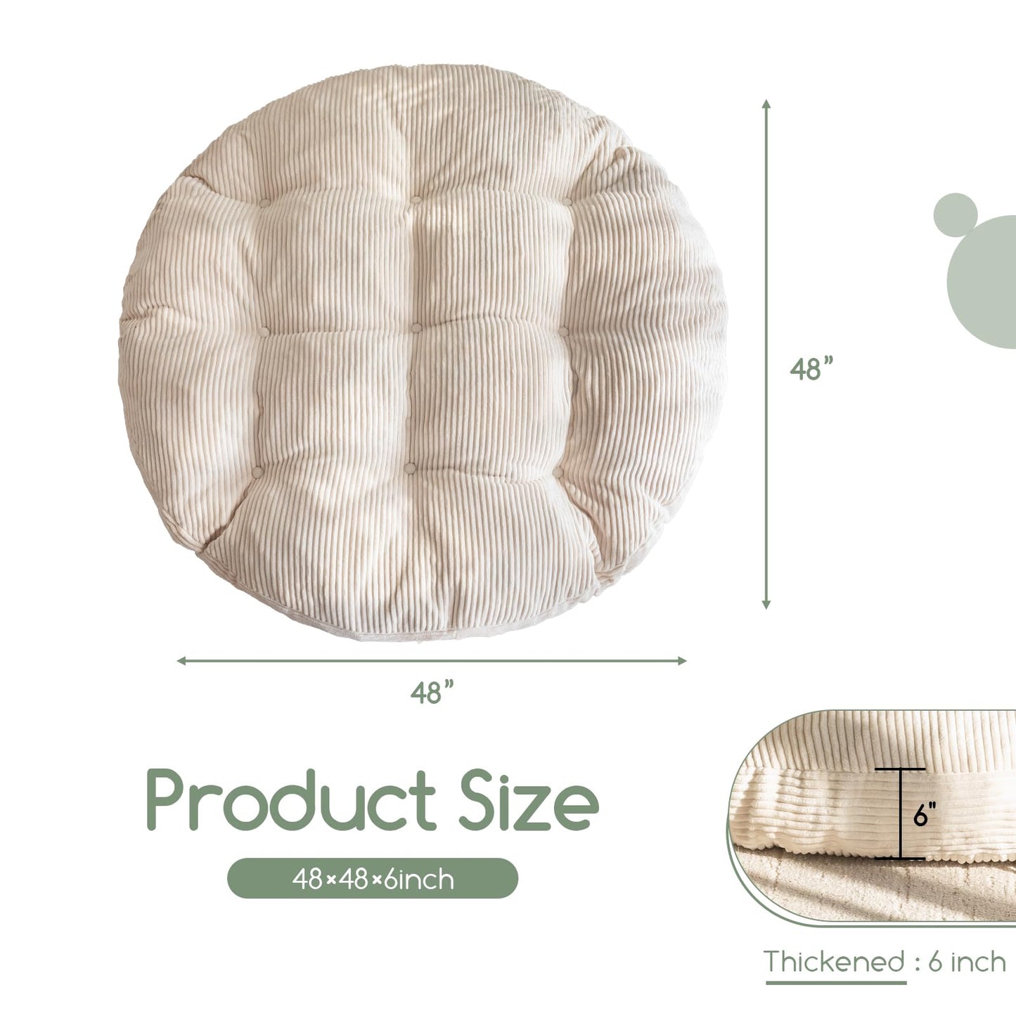 HIGOGOGO Papasan Chair Cushion with Corduroy Cover (Without Chair), 48 x 48 Inch Supportive Cushion, Overstuffed Chair Cushion,Beige