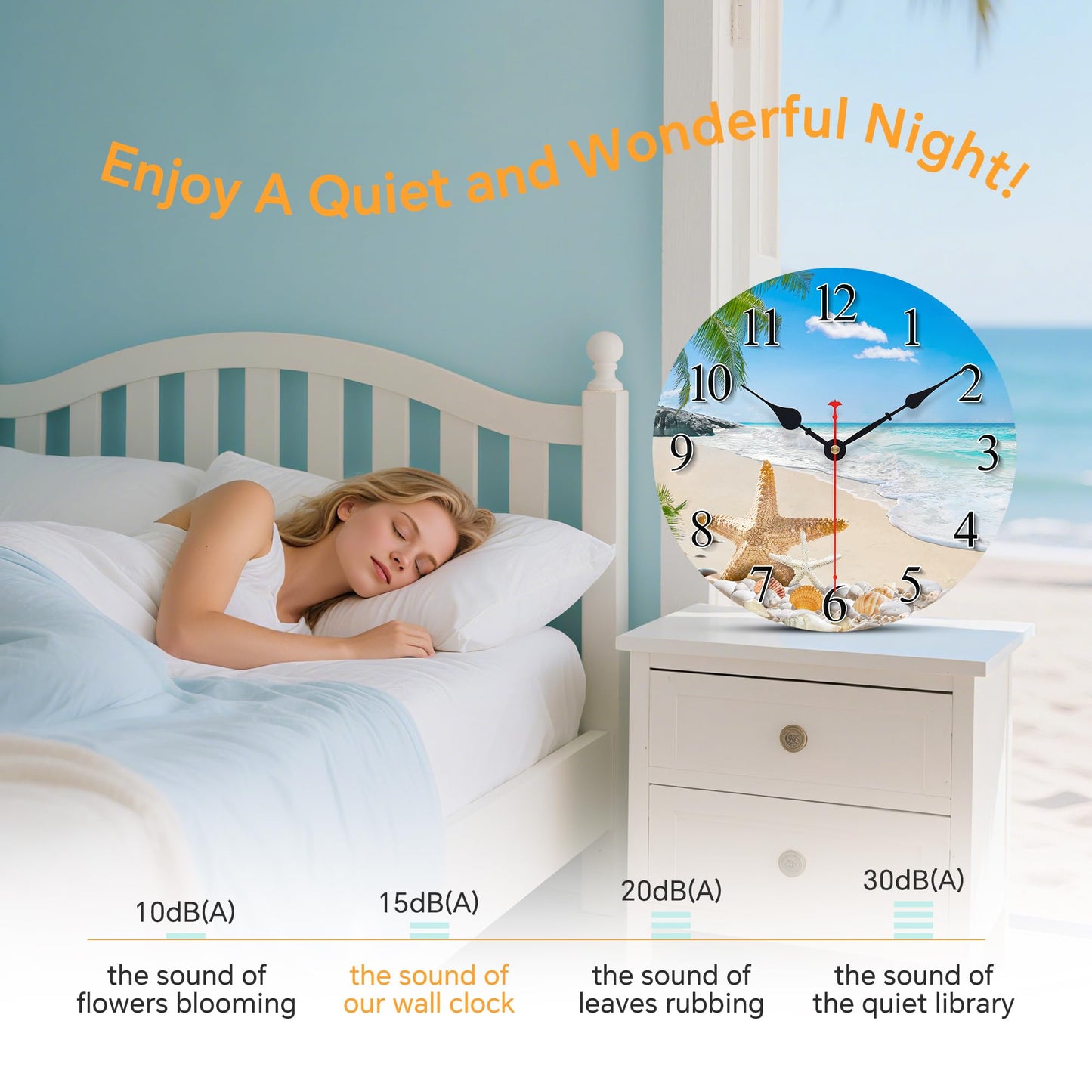 Toudorp 14 Inch Coastal Ocean Wall Clock with Seashell Design and Palm Tree Beach Theme - Battery Operated Silent Wall Decor for Home, Kitchen, Living Room, Office, Bedroom