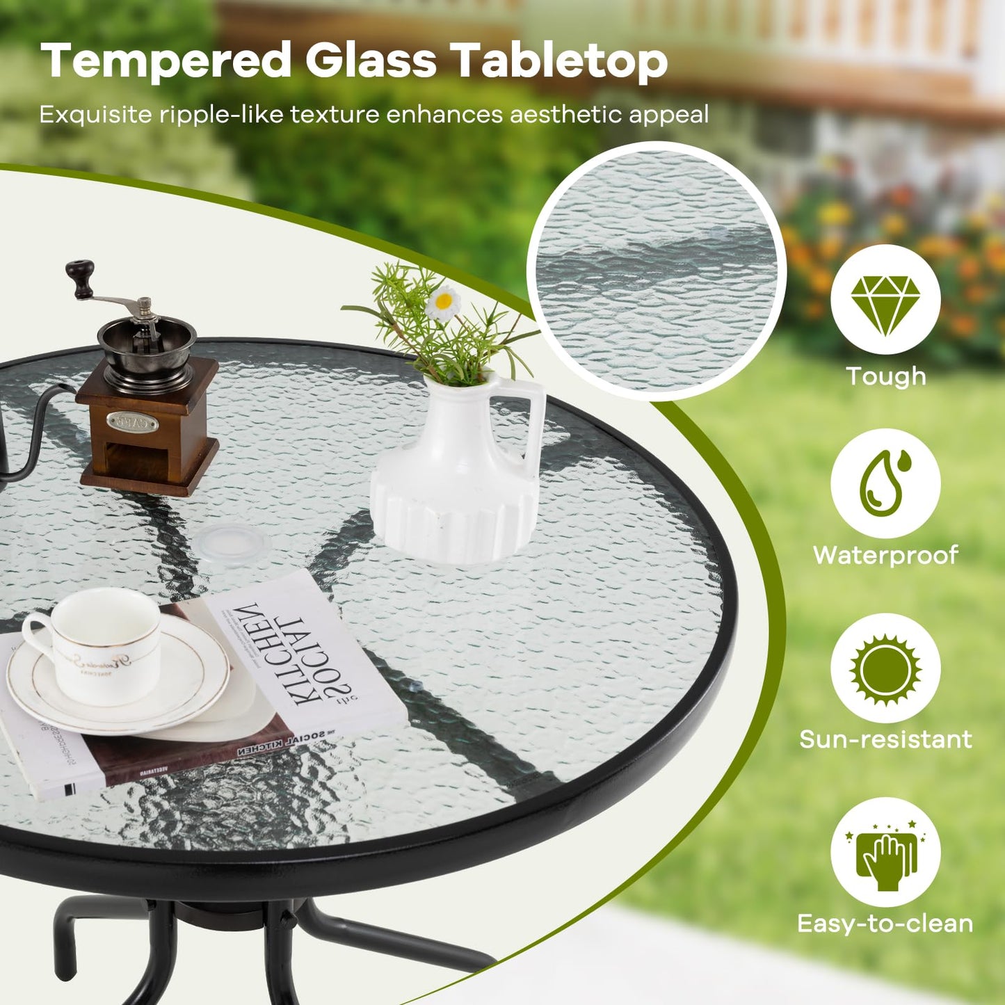 Giantex 31.5" Outdoor Bistro Table, Patio Round Dining Table w/Tempered Glass Tabletop & 2" Umbrella Hole, Heavy-Duty Metal Frame for Garden Yard Poolside Porch (31.5"x31.5"x28.5")