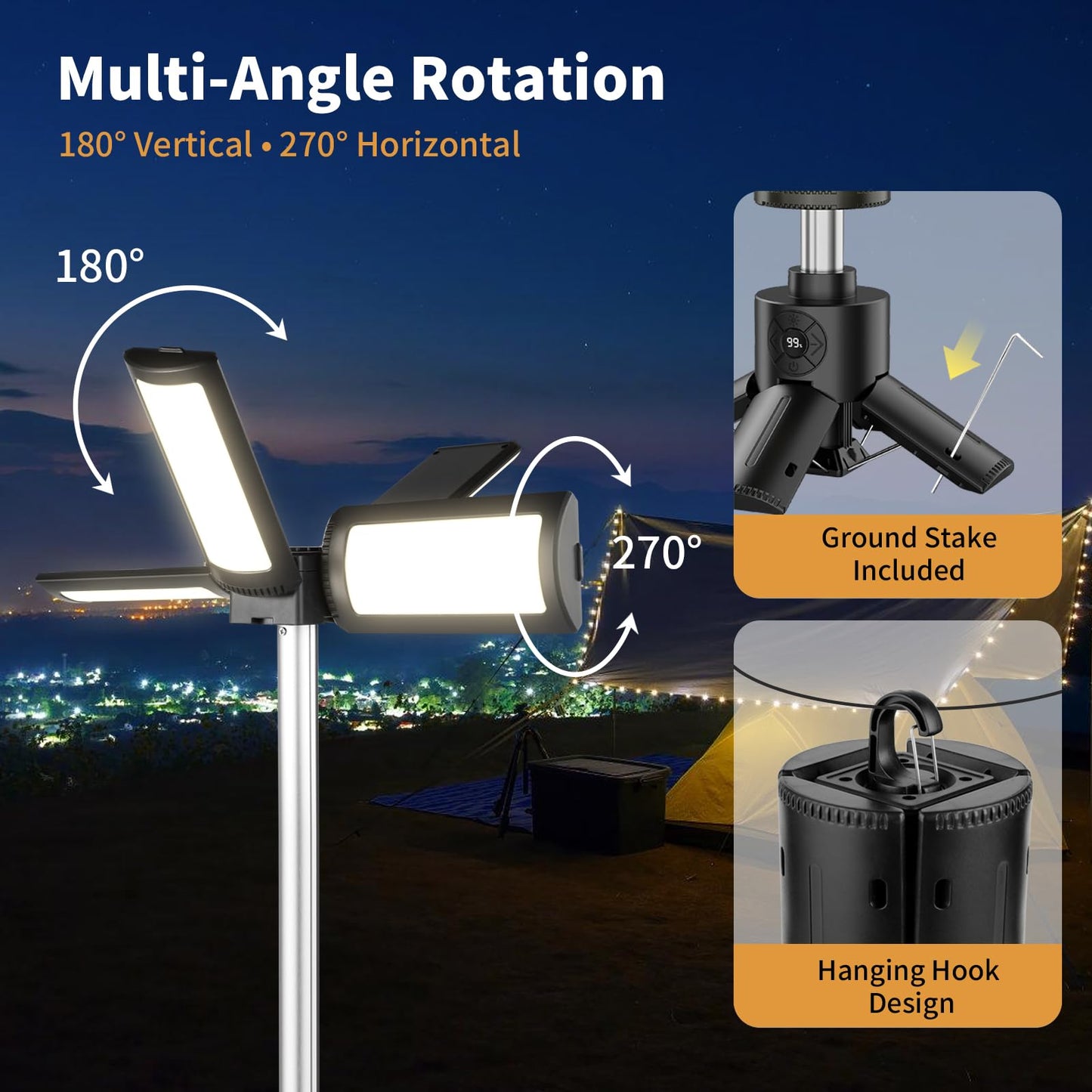 Telescopic Camping Lights with Stand, 14000mAh Rechargeable Camping Lantern,Portable Camping Light, IPX6 Waterproof, Dimmable Outdoor Tent Light for Emergency, Hiking, Fishing, Backyard