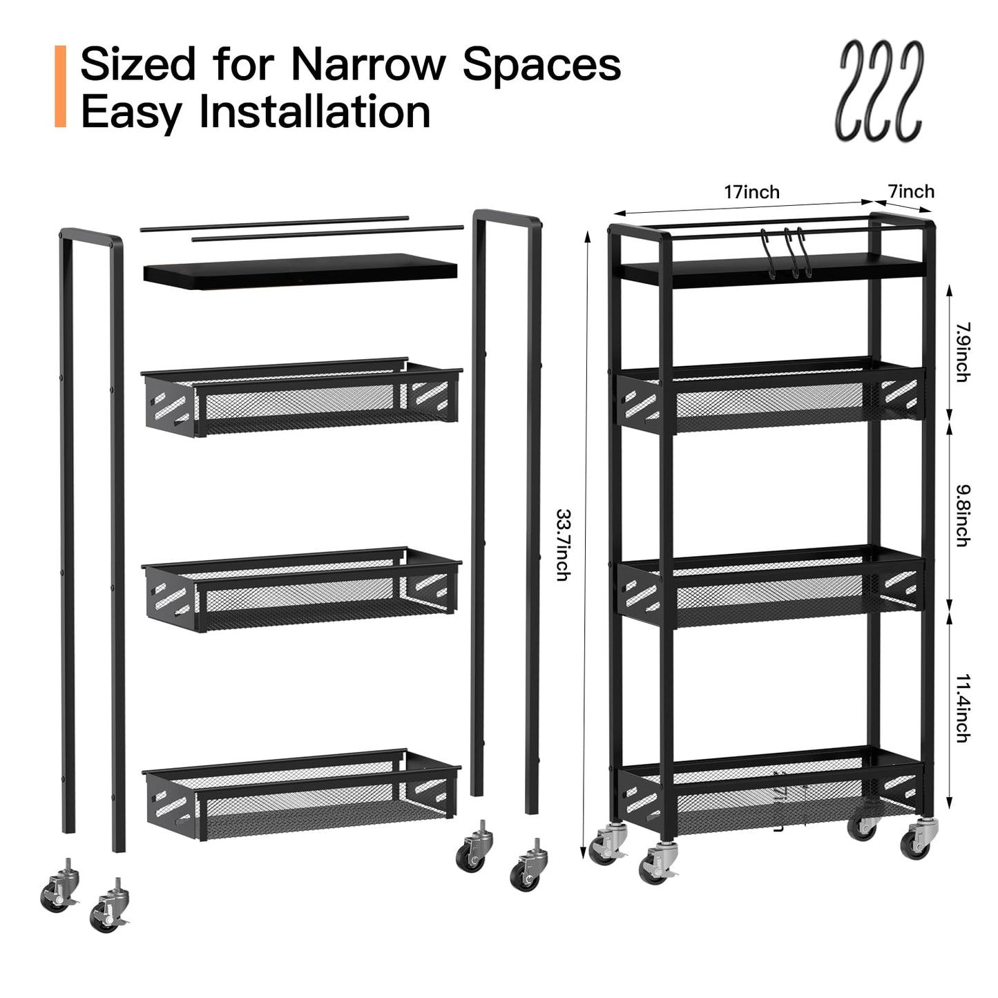 DGSNADGO Slim Rolling Storage Cart, 4-Tier Kitchen Cart on Wheels, Narrow Utility Cart with Handle and Wooden Tabletop for Small Space in Kitchen, Living Room, Bathroom, Laundry Room, Beige (Black)