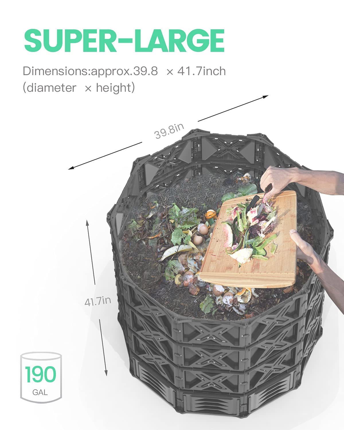 EJWOX 190 Gallon Large Outdoor Compost Bin, 720L Garden Composter with Aeration Vents, BPA-Free PP Panels, Modular Structure with Bottom Access Door and Lid