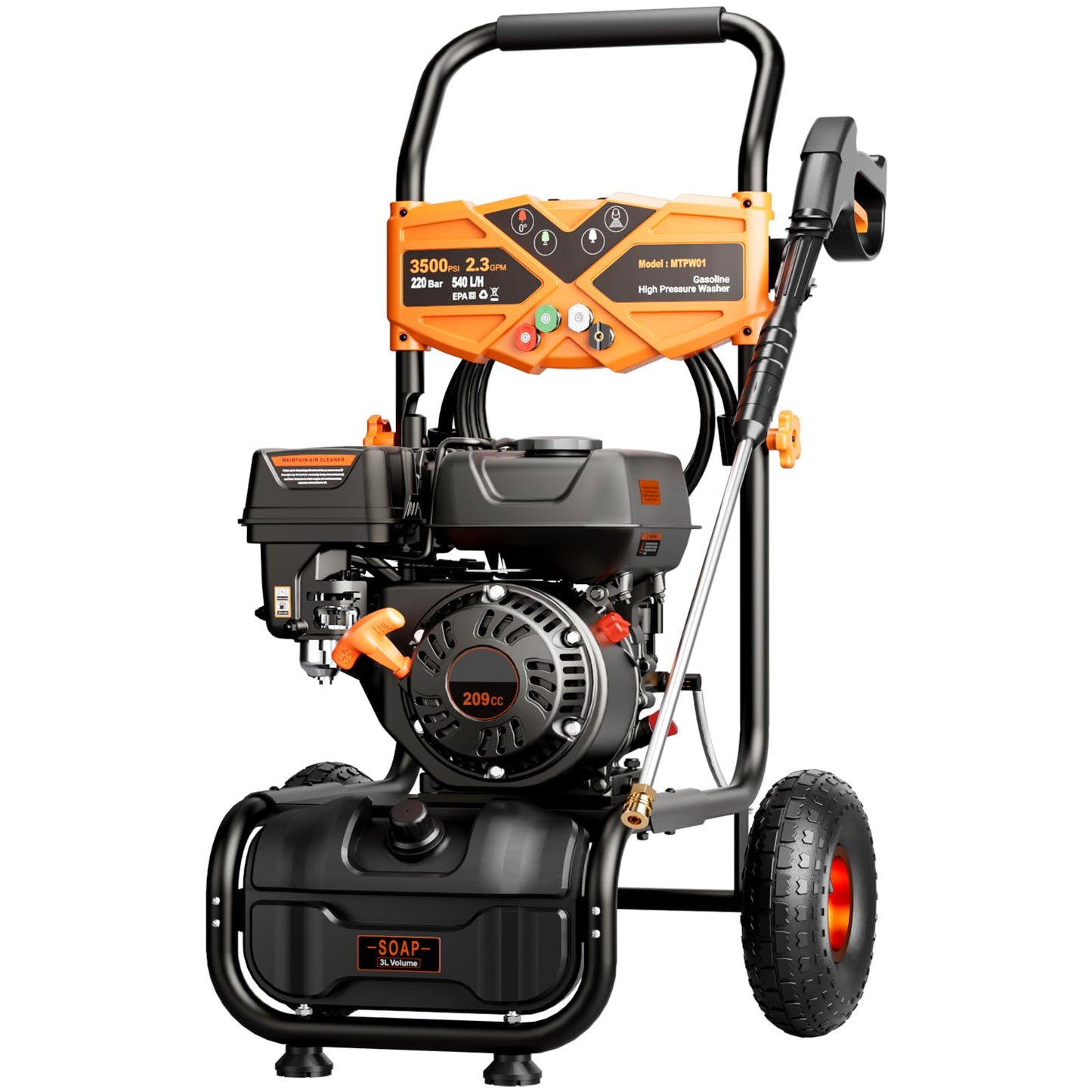 MUTAOMAY 3500PSI Gas Pressure Washer, 2.3GPM Gas Powered High Pressure Washer with 209CC Engine, 4 Adjustable Nozzles, 25 ft High Pressure Hose for Cleaning Walls, Terraces, Vehicles, Gardens (Orange)
