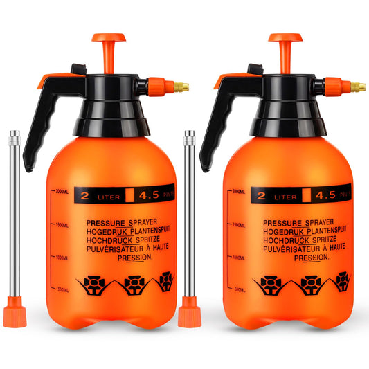 Acellegic 2 Set Handheld Pump Sprayer Pump Spray Bottle Garden Sprayer Plant Mister Water Spray Bottle with Adjustable Nozzle Extended Rod for Spraying Watering Fertilizing Cleaning(2L,Orange)