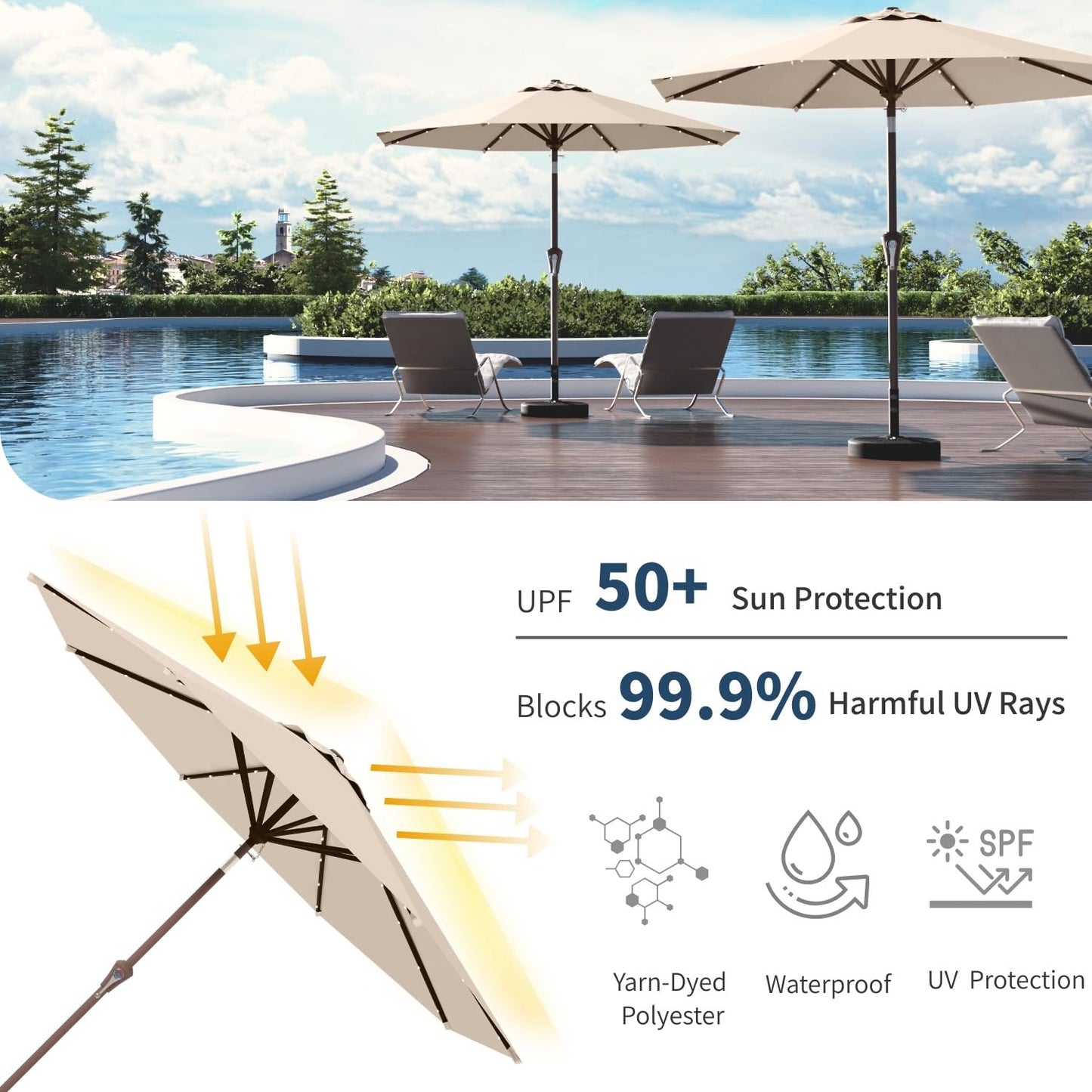 Patio Kingdom 10FT Solar Umbrella 32 LED Lighted Patio Umbrella Table Market Umbrella w/Tilt and Crank, UV-Resistant Outdoor Umbrella for Pool, Garden, Deck, Beige