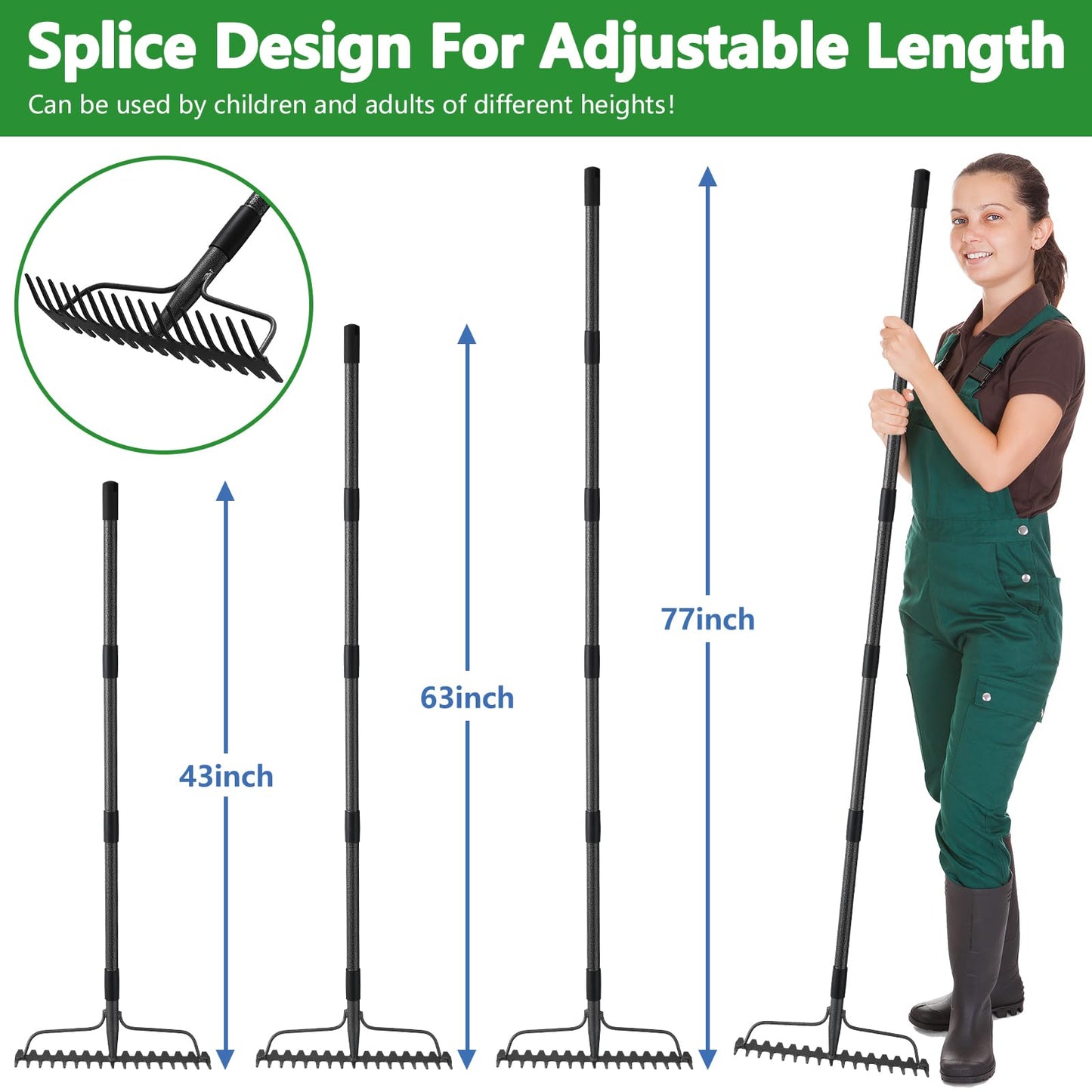 TAILERNRUYE 63 inch Bow Rake, 2-in-1 Metal Garden Lawn Rake for Weeding Digger Loosening Soil Raking Leaf Leveling Rocks Spreading Mulch Gravel 17 Tines Adjustable Garden Rake