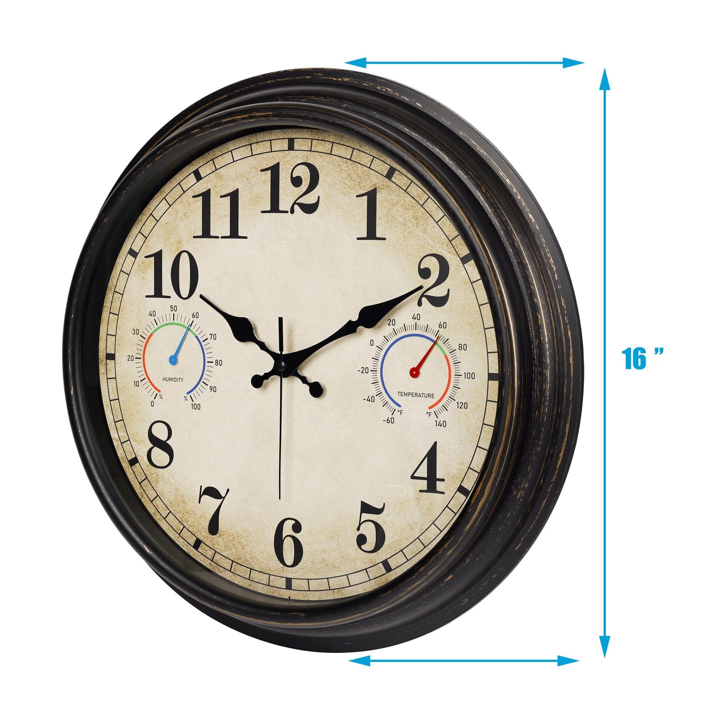 Alarllok 16 Inch Large Outdoor Clock with Thermometer and Hygrometer Combo, Waterproof Indoor Outdoor Wall Clocks for Patio, Pool, Garden, Backyard Decor- Retro Bronze