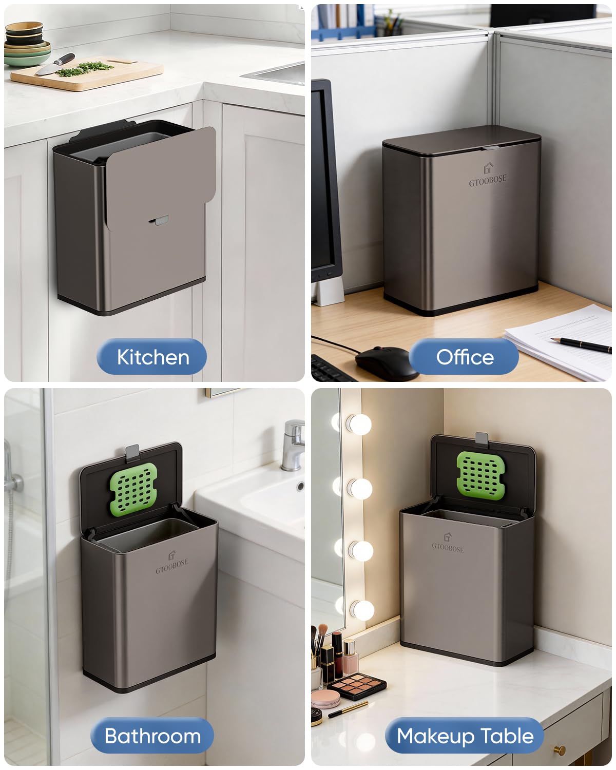 GTOOBOSE Kitchen Compost Bin, 10L/2.6G Trash Can with Lid, Slim Stainless Steel Hanging Garbage Bin for Kitchen, Bathroom, Bedroom, Office, Wall Mounted Compost Bin with Inner Bucket,Titanium Grey