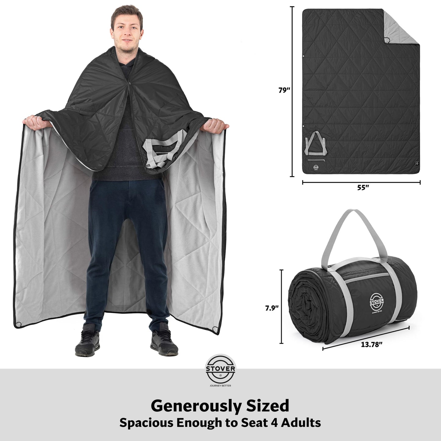 STOVER Large Waterproof Outdoor Stadium Blanket- Extra Thick Soft Fleece Camping Blanket for Travel, Picnics, Sports, Dogs- 79"x55", Warm, Windproof, Sand-Proof, Lightweight, Packable (Stadium Black)