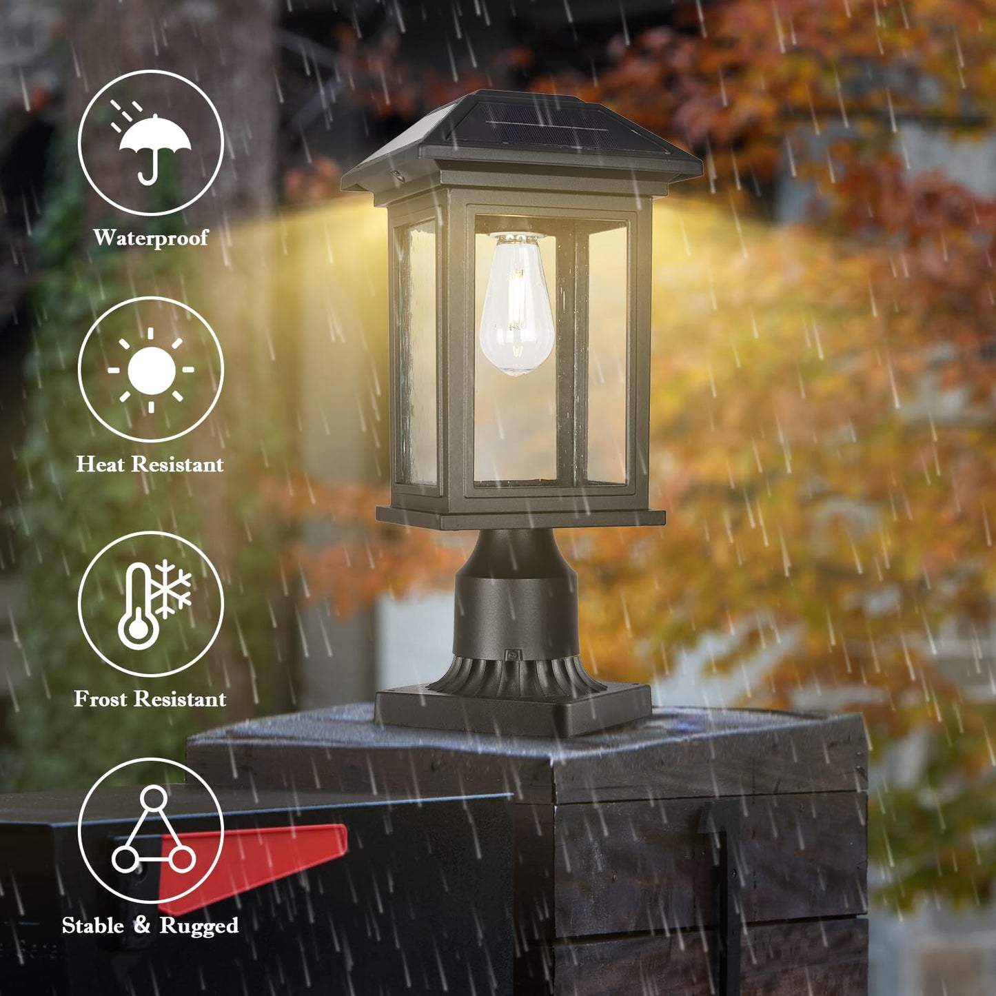 Rosient Solar Post Lights Outdoor, Waterproof Anti-Rust Black Pole Light Fixtures with Clear Glass, LED Solar Powered Lamp for Garden, Front Yard, Porch, Garage, and Patio (Bulb Included)
