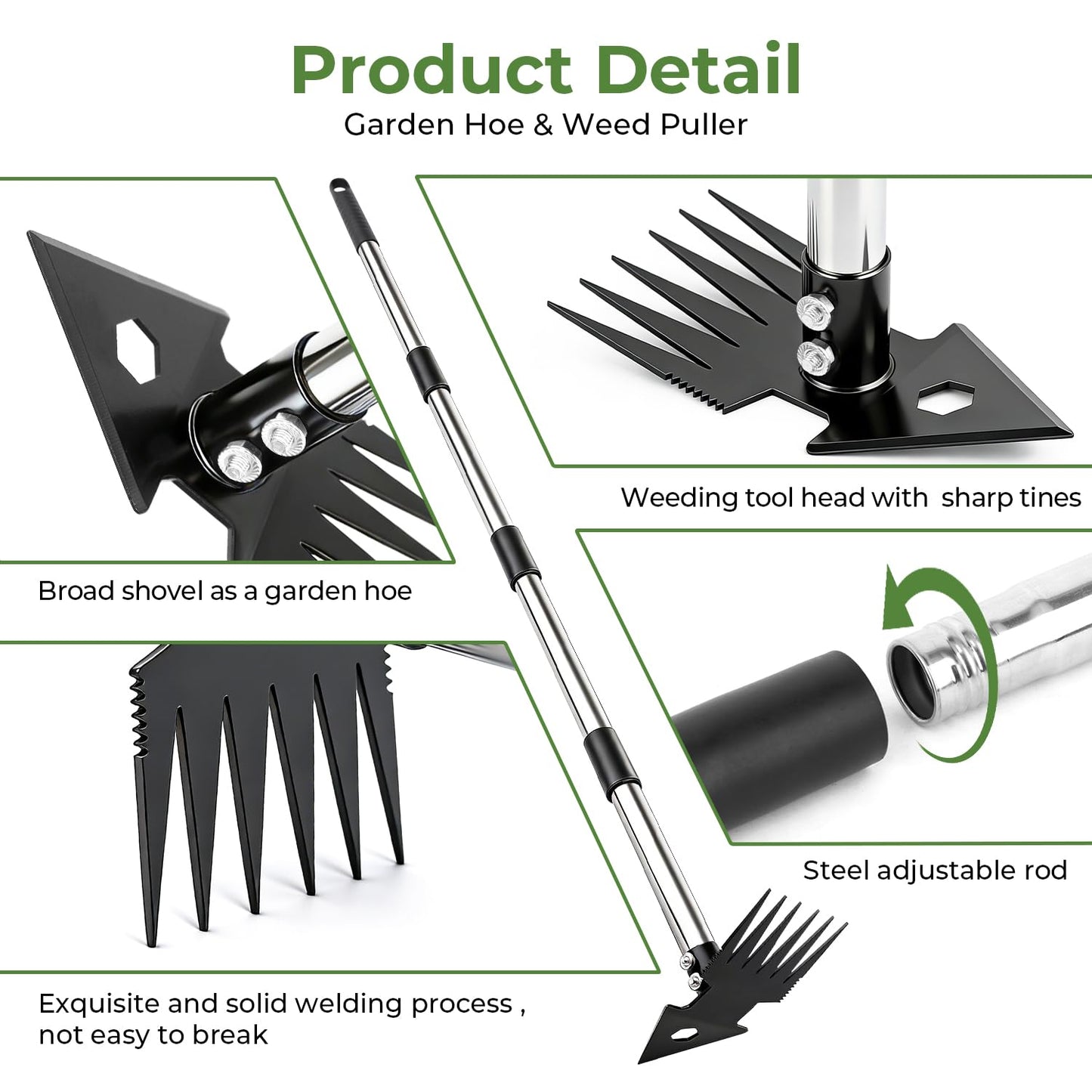 2-in-1 Weed Puller Tool,Dual-Head Garden Hoe Weeder Tool with Long Handle,Heavy Duty Manganese Steel Weeding Tool for Gardening,Uprooting Weed Remover for Yard Lawn Patio and Garden