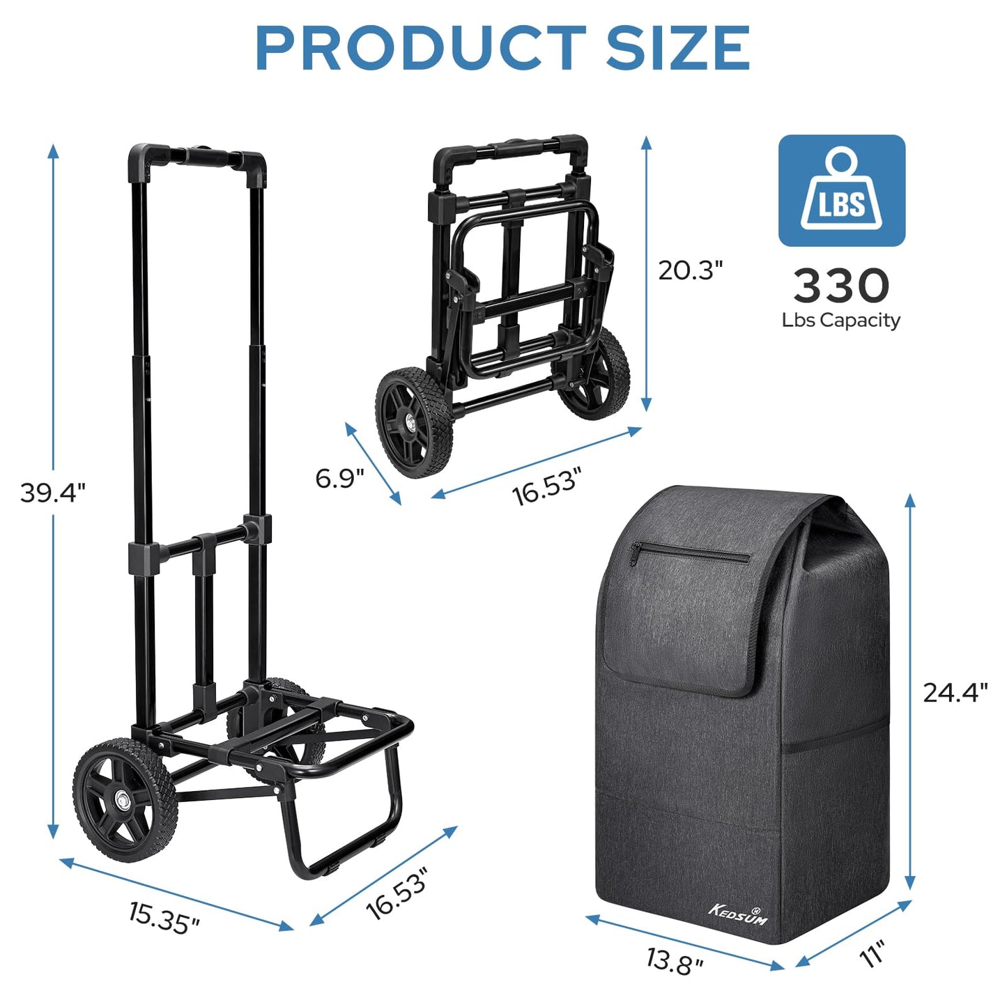 KEDSUM 2 in 1 Shopping Carts for Groceries, 330 lbs Grocery Cart on Wheels, Foldable Utility Carts with Wheels, Hand Truck with Waterproof Tote Bag for Shopping, School, Laundry, Craft Show, Black