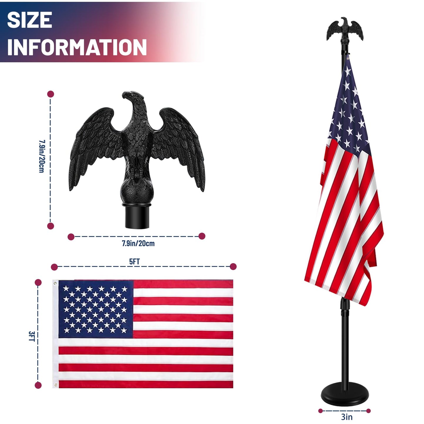 Indoor Flag Pole Kit with Base 6FT-8FT,Aluminum Commercial Indoor Flagpole & 360° Rotating Anti Wrap Ring,Adjustable Heavy Duty Flag Pole Kit for Office School with Black Eagle Topper (1Pack)