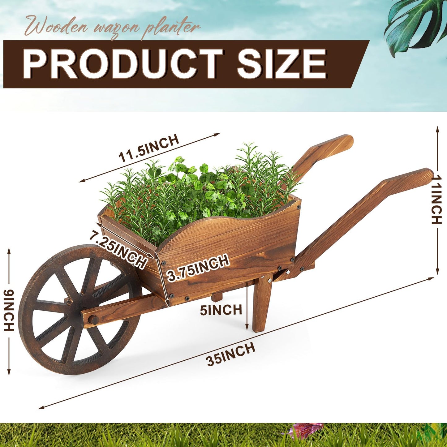 Beeveer Wooden Wagon Flower Planter Cart Garden Planter Box with Wagon Wheels Cart for Home Garden Outdoor Balcony Decorative, Patio Flowers Herbs Vegetables, Brown(Rustic)