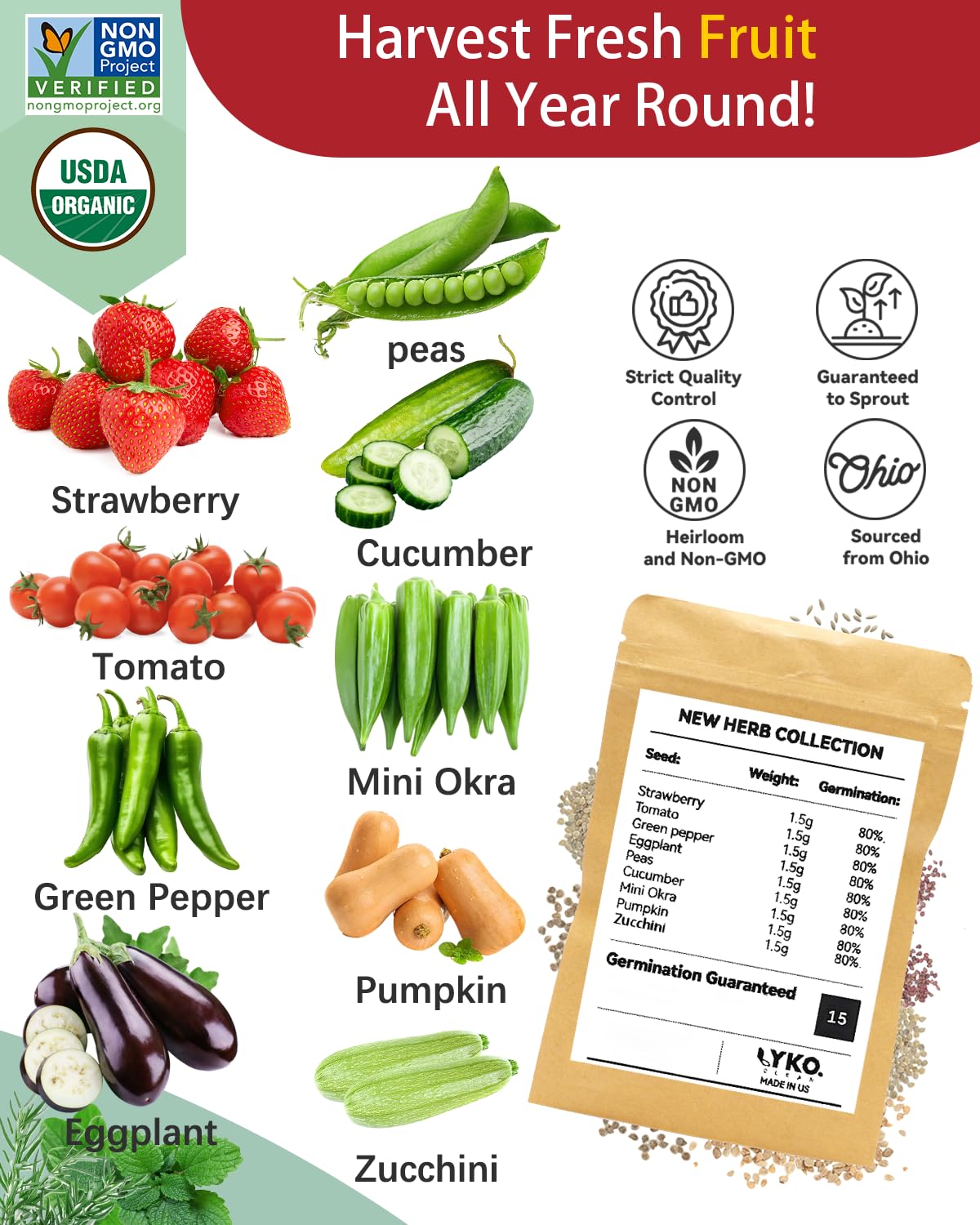 LYKOCLEAN 8-pod Fruits Seeds Pod Kit for AeroGarden, iDOO, Ahopegarden Hydroponics Growing System, 350+ Seeds (Include Red Strawberry, Tomato, Green Pepper, Eggplant, Peas, Cucumber, Okra, Pumpkin)