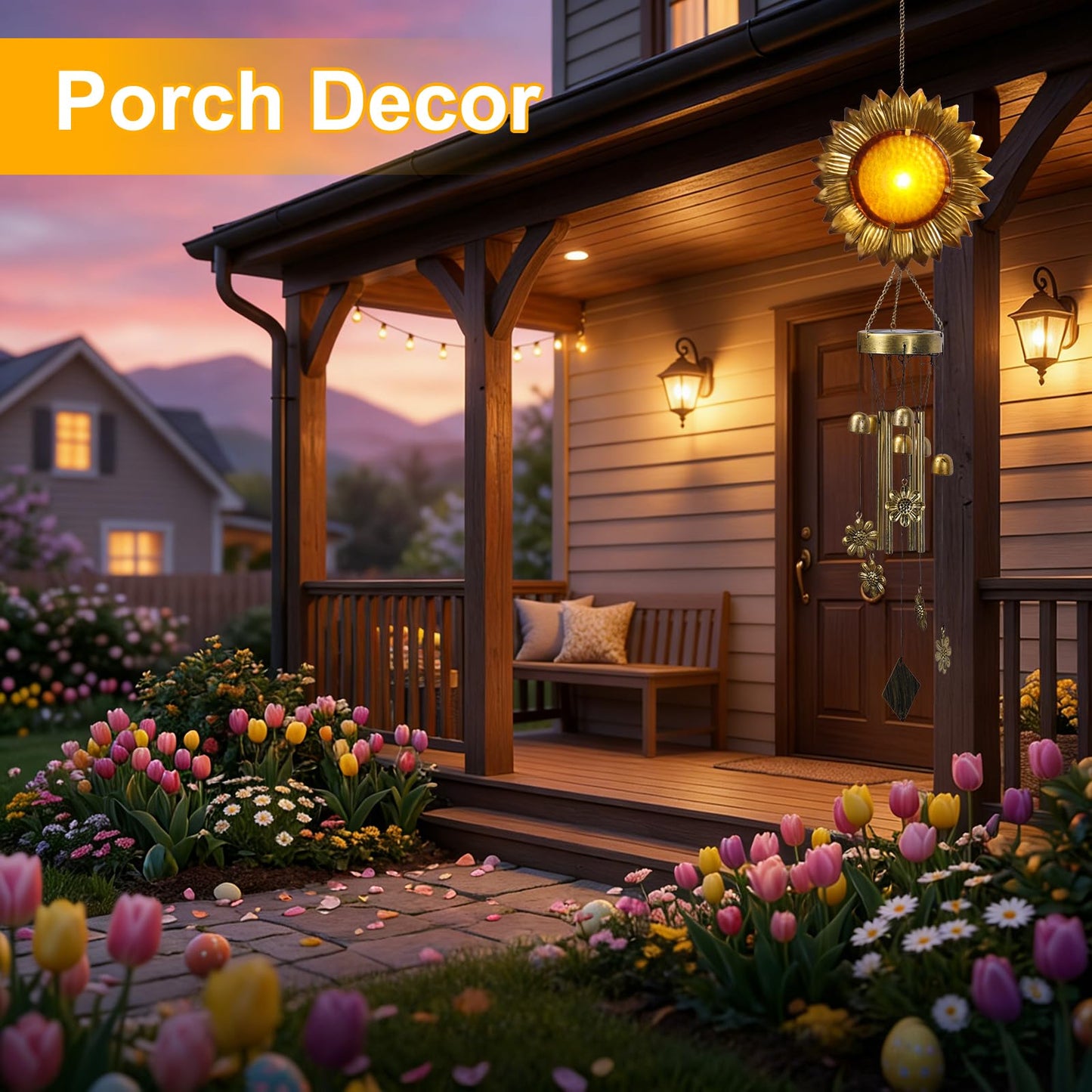 LOVERUIS Sunflower Solar Wind Chimes-Solar Lights Outdoor with Wind Chimes, Sunflower Gifts for Women Mom Grandma, Garden Decor for Patio Yard Pathway, Hanging Solar Lantern Wind Chimes